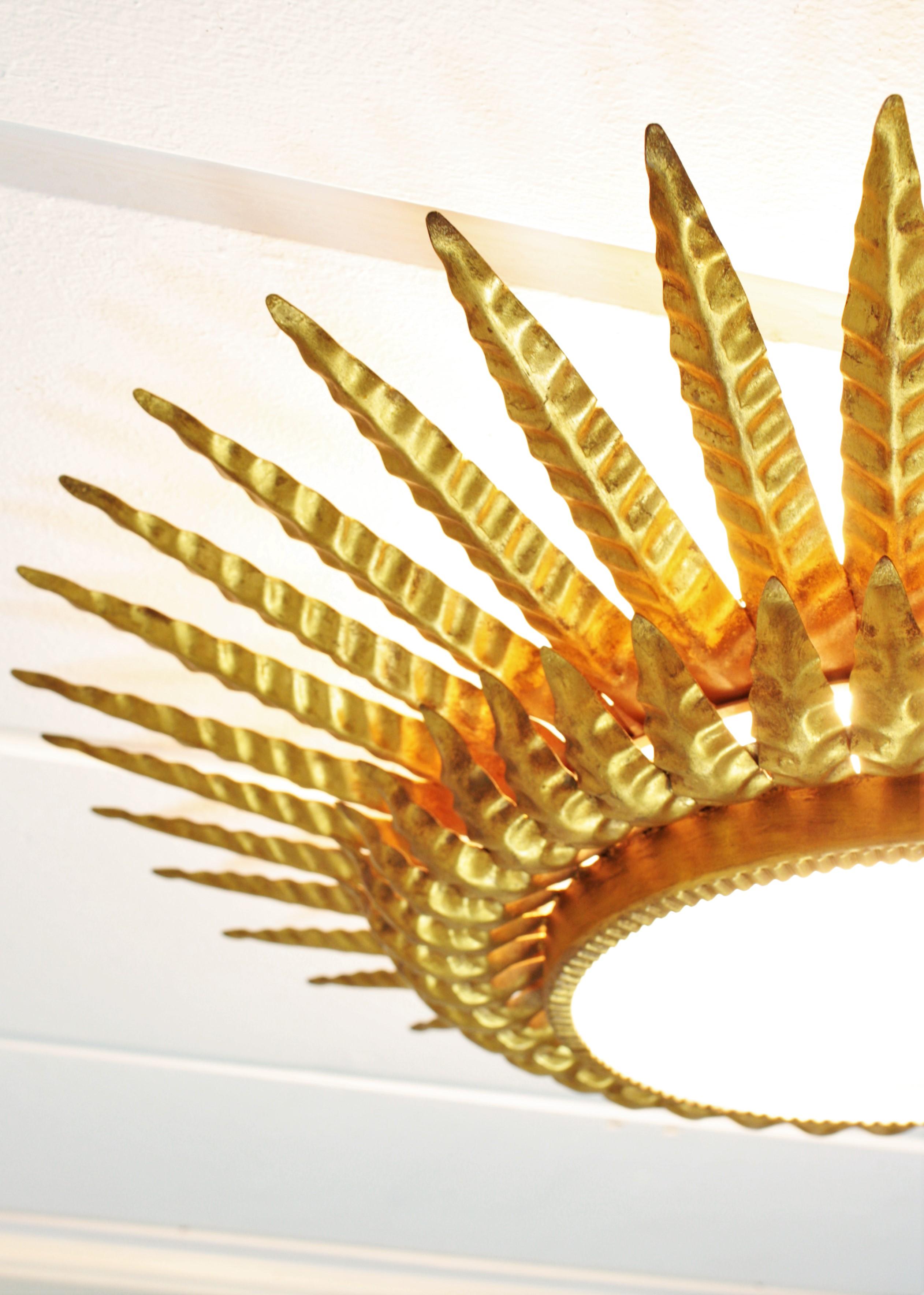 Sunburst Flush Mount, Wall Light or Mirror, Gilt Metal and Frosted Glass  6