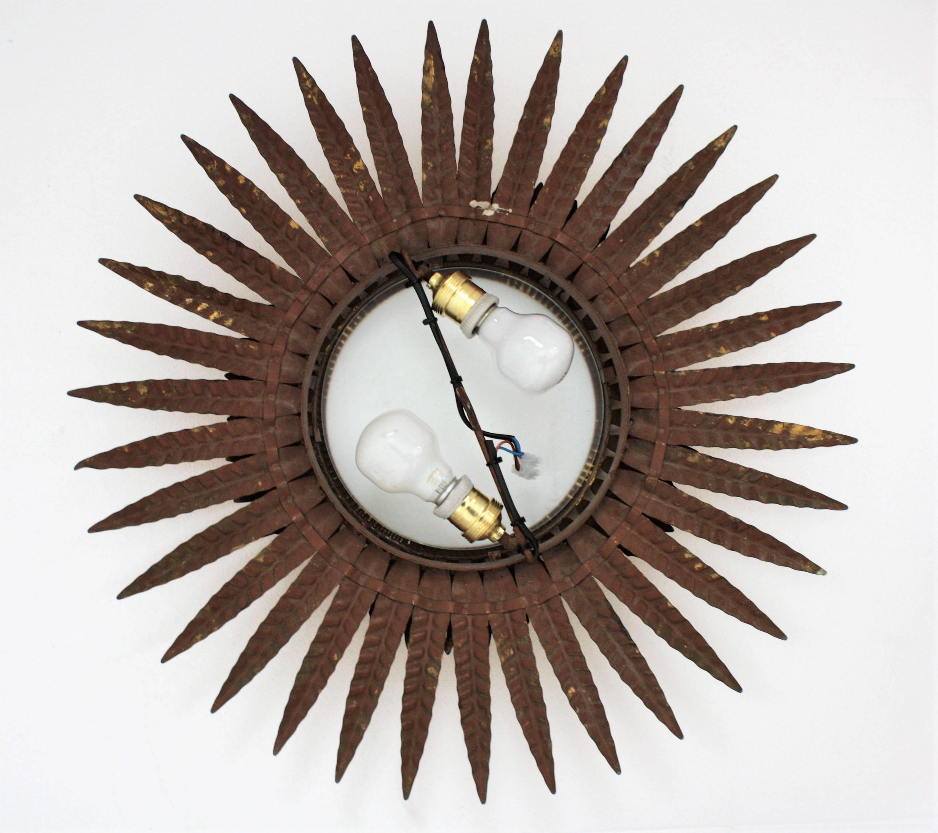 Sunburst Flush Mount, Wall Light or Mirror, Gilt Metal and Frosted Glass  7
