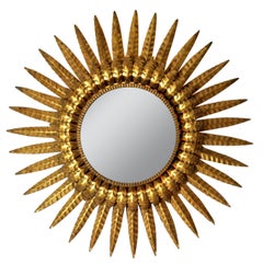 Sunburst Flush Mount, Wall Light or Mirror, Gilt Metal and Frosted Glass