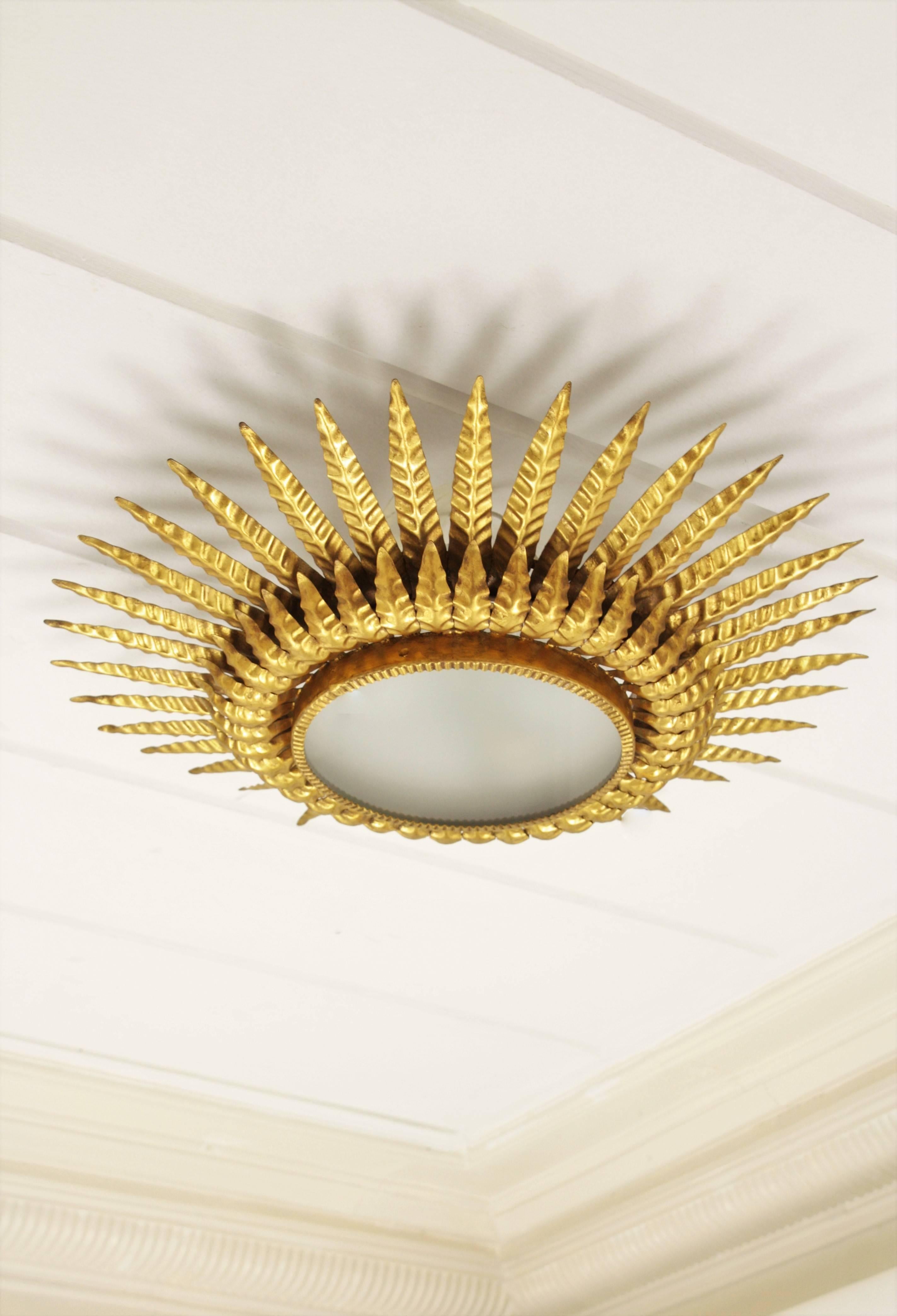 Mid-Century Modern Sunburst Flush Mount, Wall Light or Mirror, Gilt Metal and Frosted Glass 