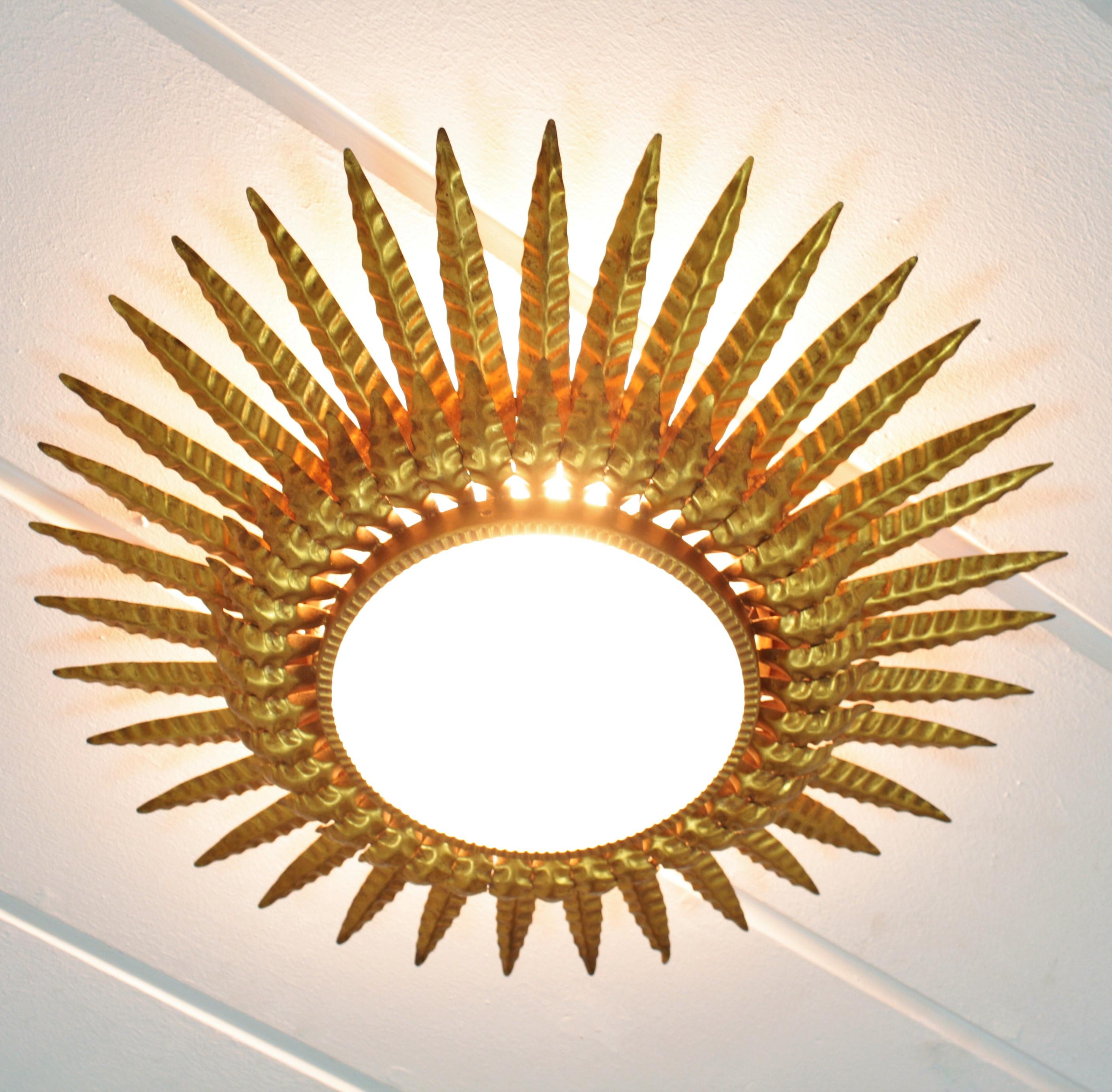 Spanish Sunburst Flush Mount, Wall Light or Mirror, Gilt Metal and Frosted Glass 