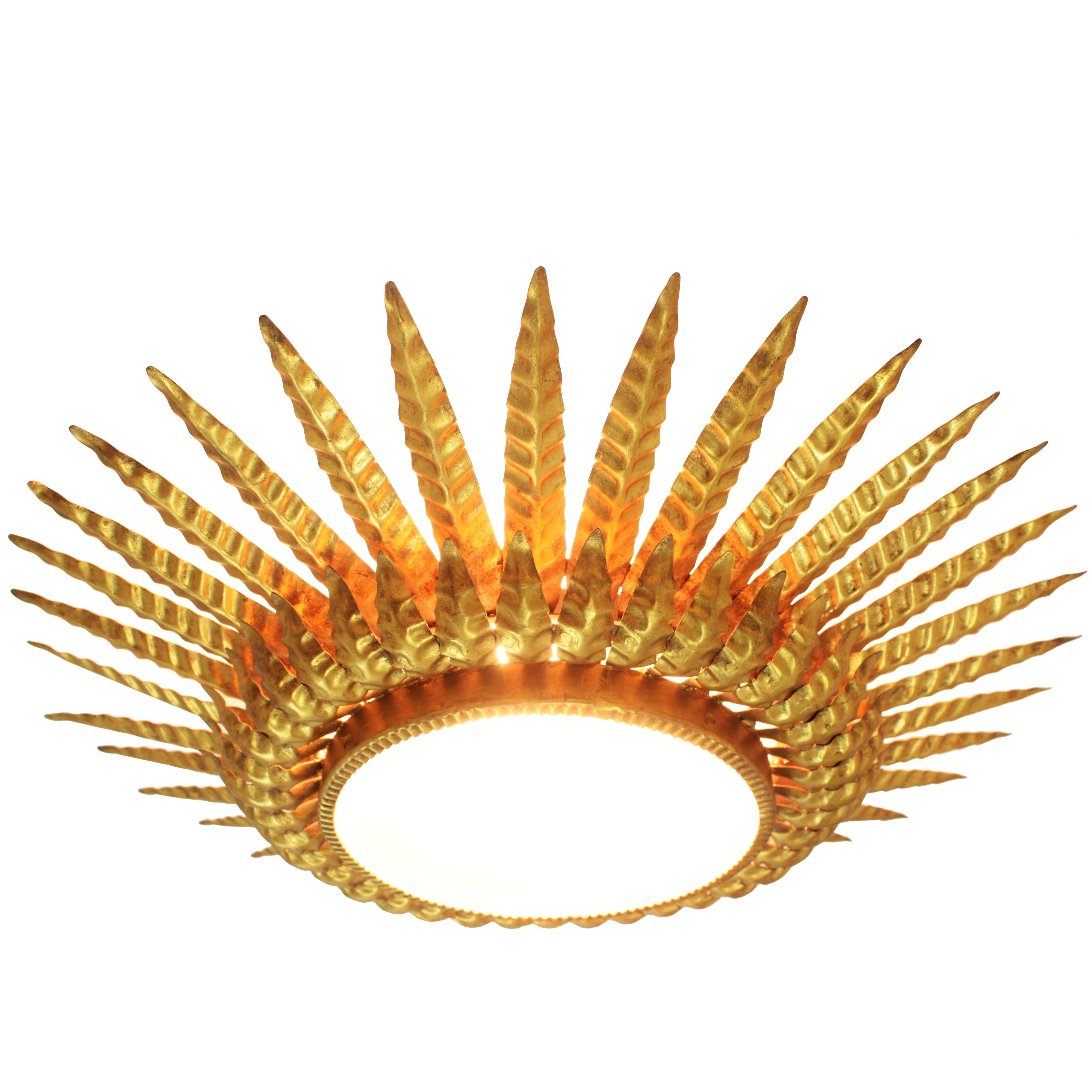 20th Century Sunburst Flush Mount, Wall Light or Mirror, Gilt Metal and Frosted Glass 