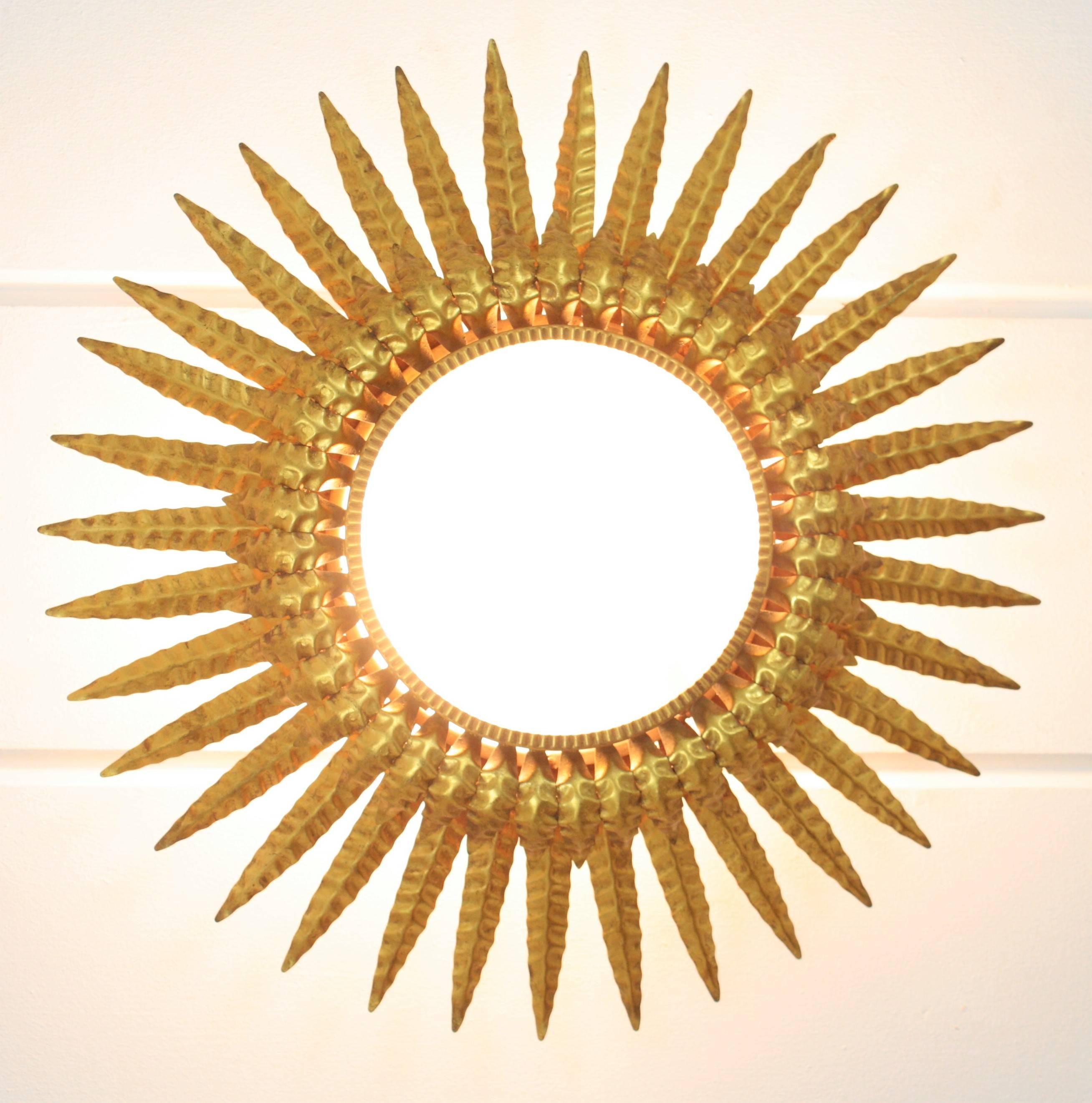 Sunburst Flush Mount, Wall Light or Mirror, Gilt Metal and Frosted Glass  1