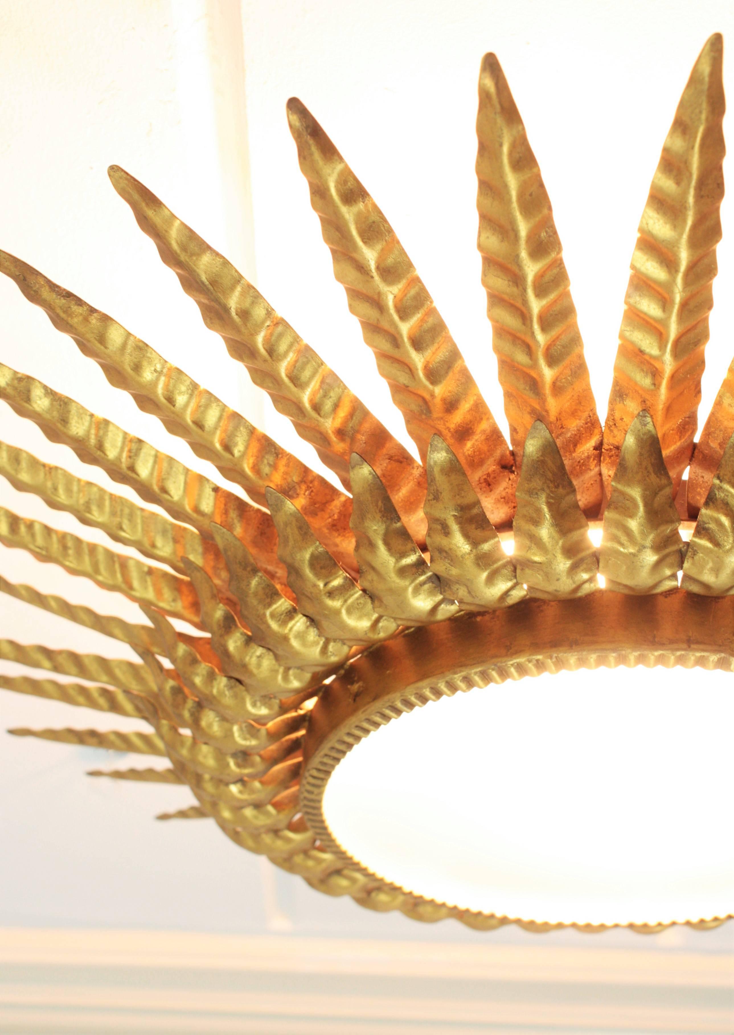 Sunburst Flush Mount, Wall Light or Mirror, Gilt Metal and Frosted Glass  3