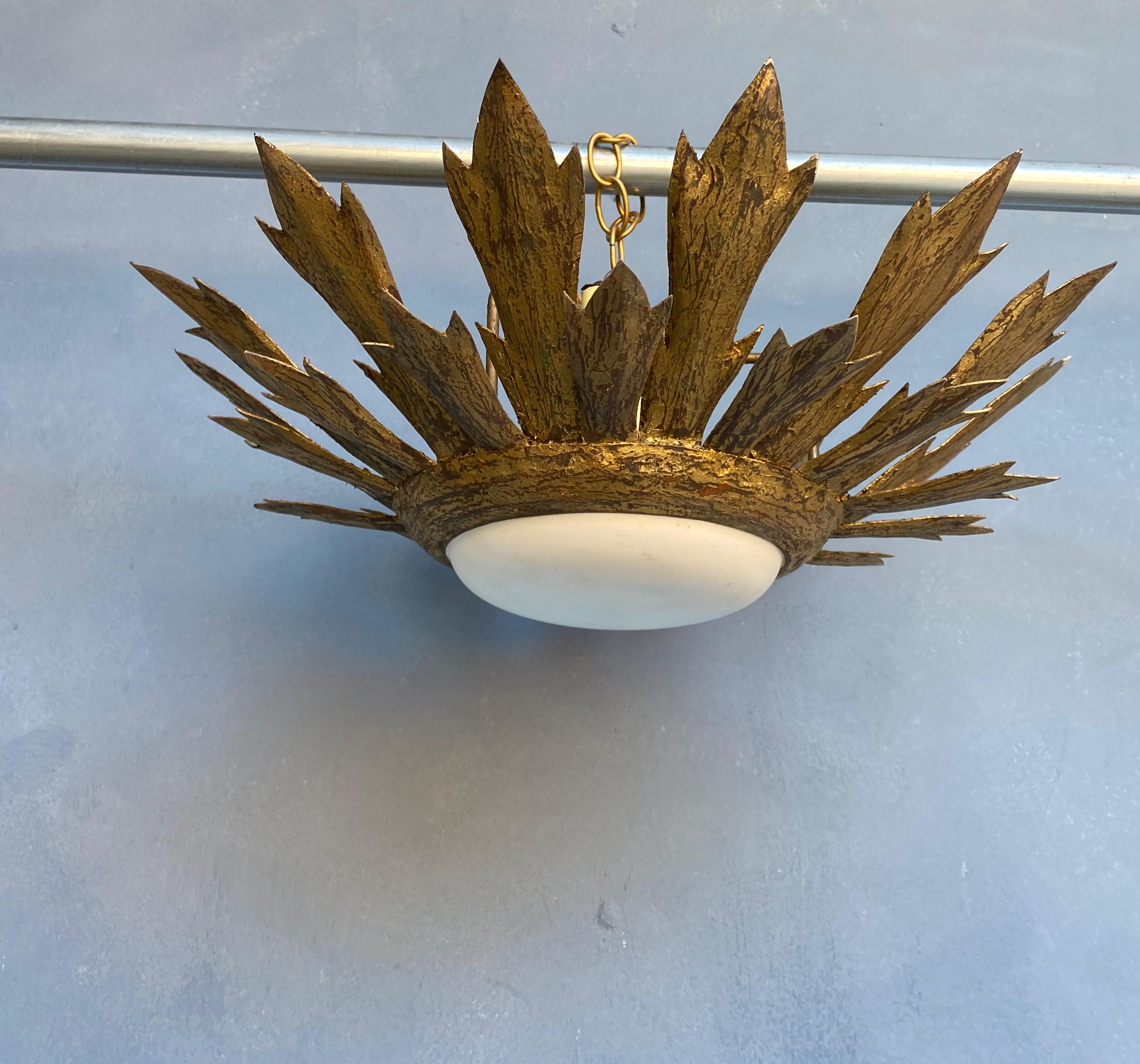 Gilt Metal Sunburst Flush Mount Ceiling Fixture With Convex Globe In Good Condition In Buchanan, NY