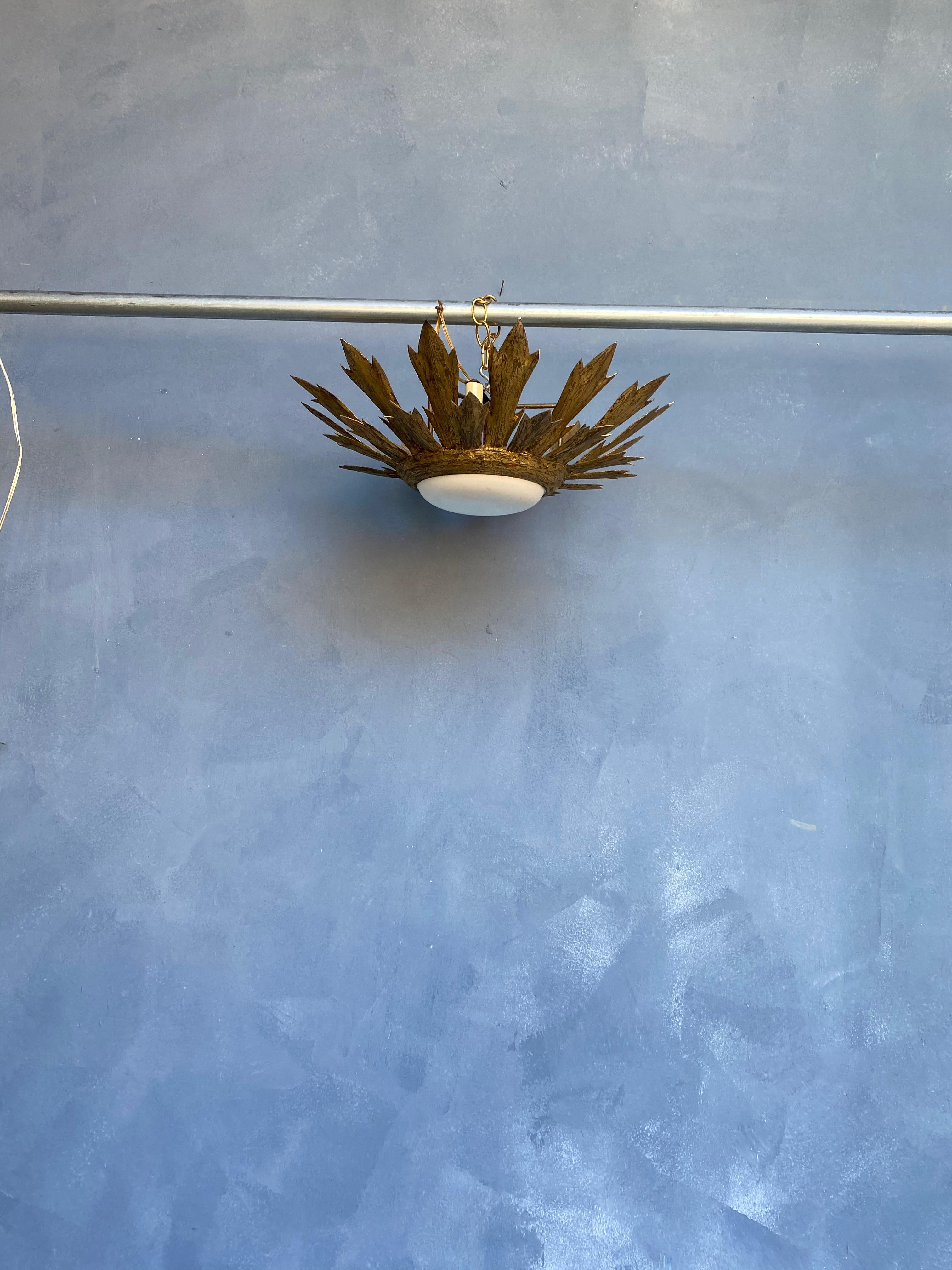 Gilt Metal Sunburst Flush Mount Ceiling Fixture With Convex Globe 5