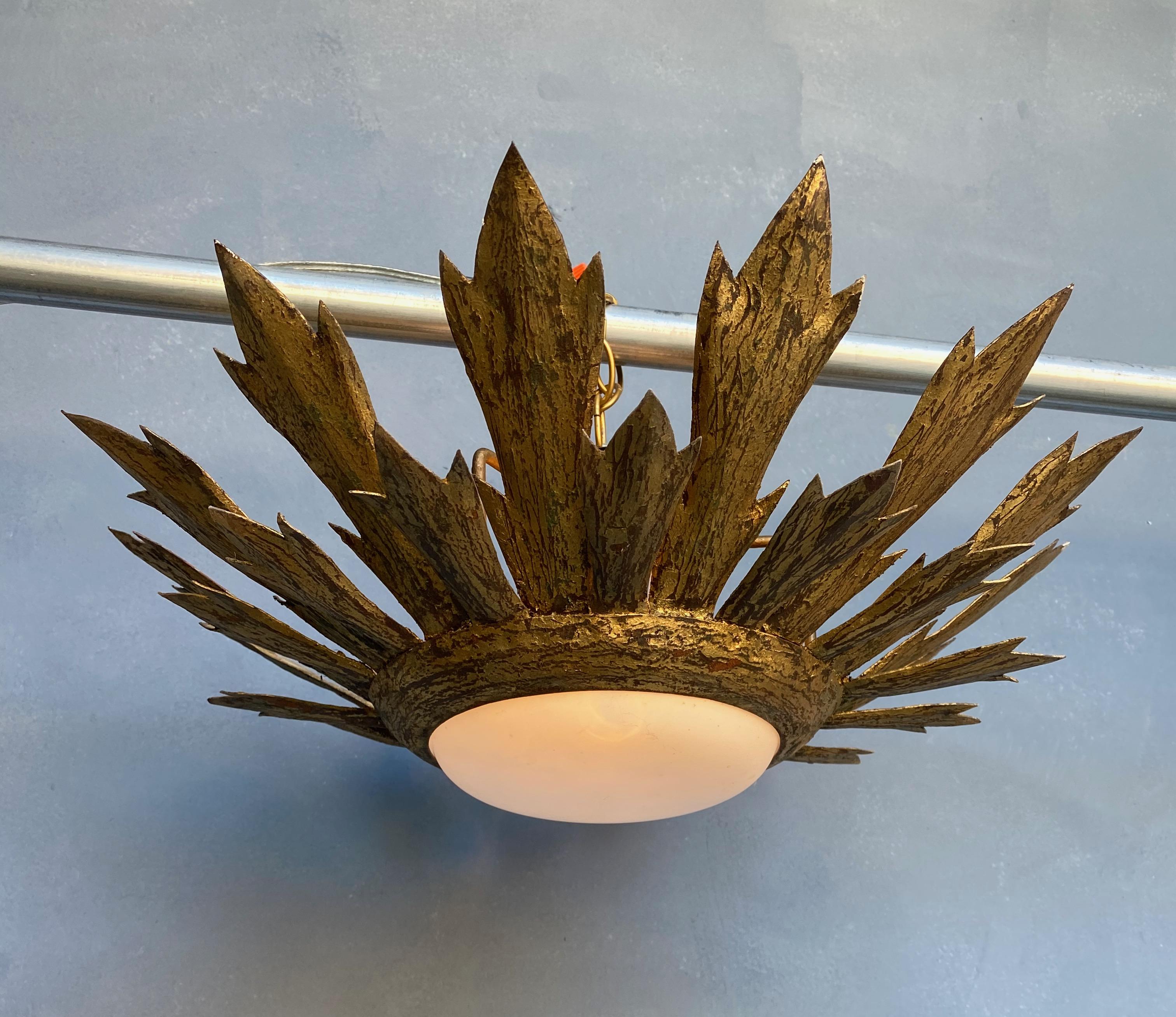 Gilt Metal Sunburst Flush Mount Ceiling Fixture With Convex Globe 1