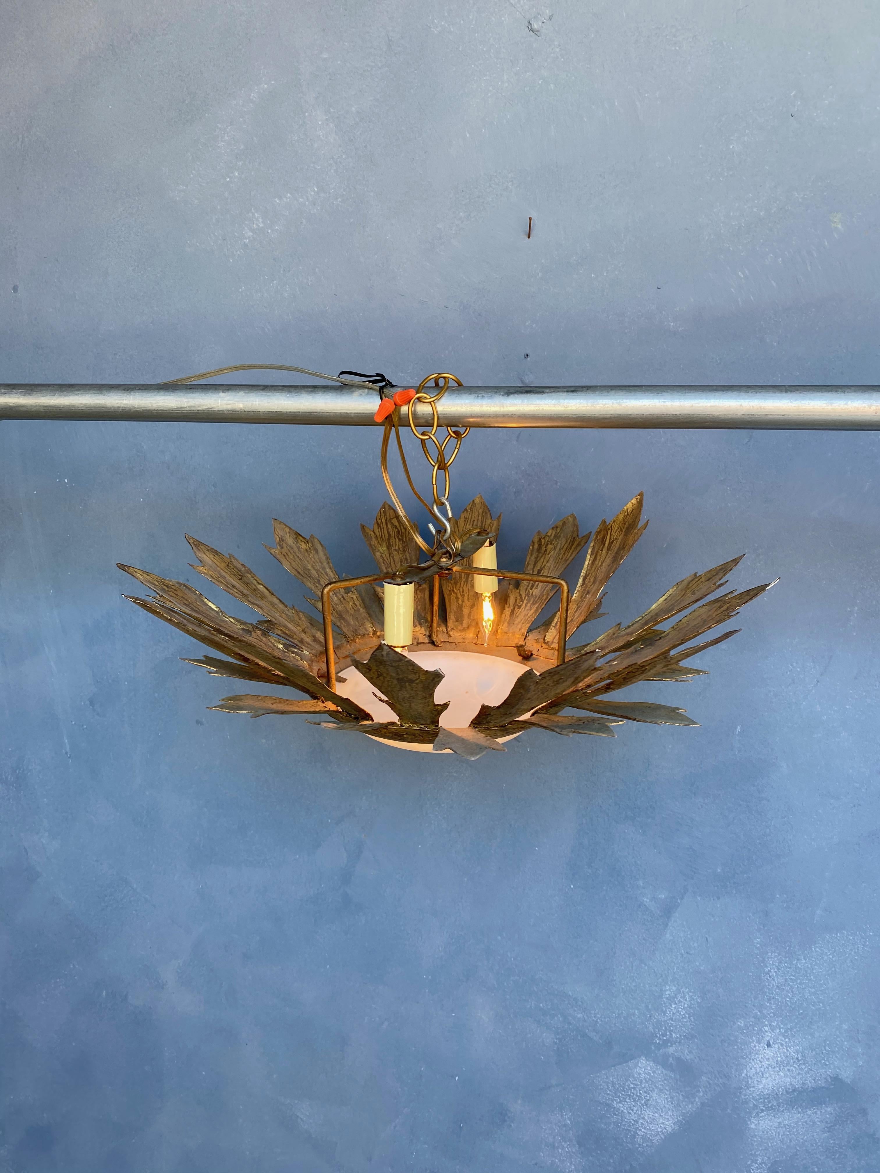 Gilt Metal Sunburst Flush Mount Ceiling Fixture With Convex Globe 6