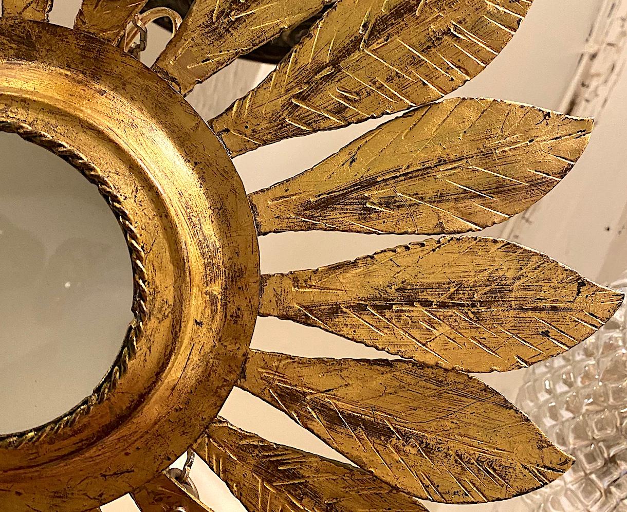 French Gilt Metal Sunburst Light Fixture