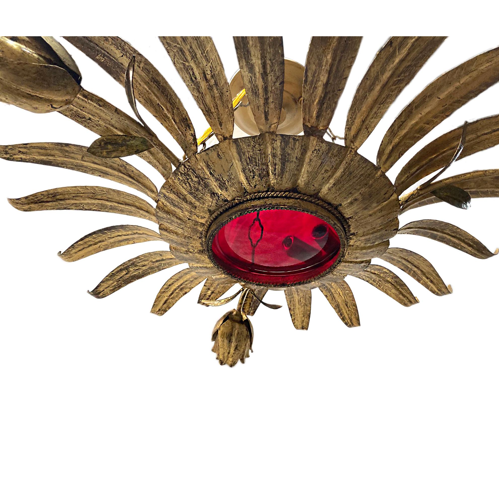 Gilt Metal Sunburst Light Fixture with Ruby Glass Inset In Good Condition For Sale In New York, NY