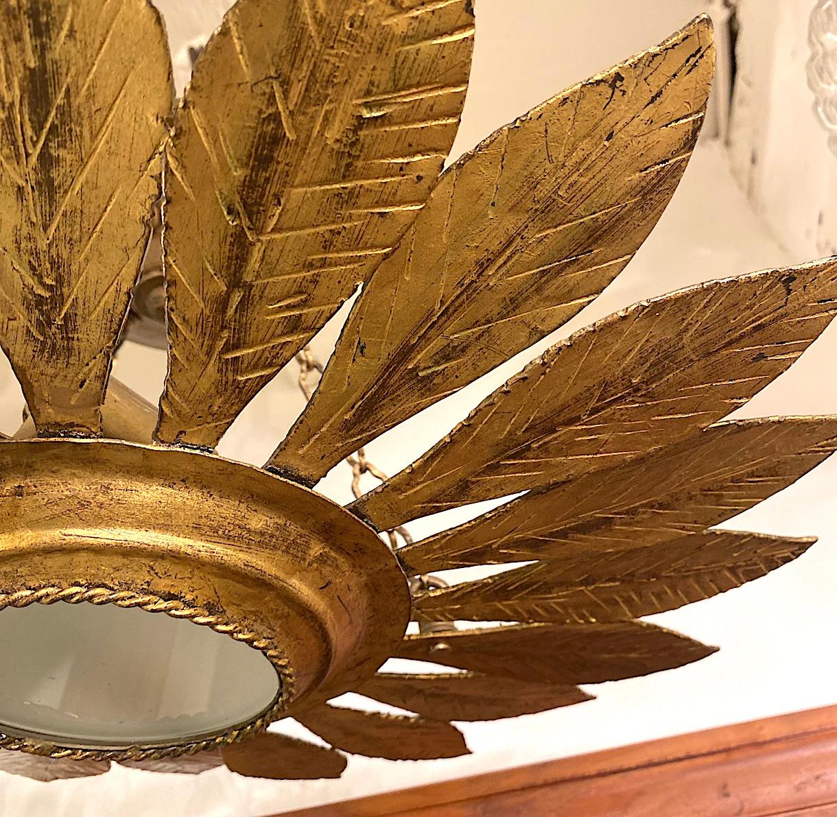Gilt Metal Sunburst Light Fixture In Good Condition For Sale In New York, NY