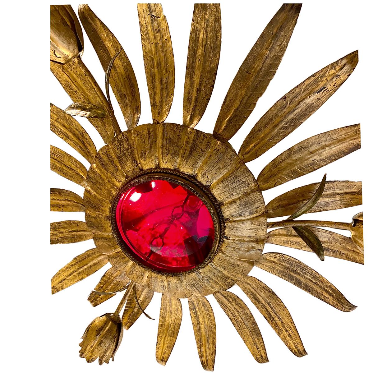 Gilt Metal Sunburst Light Fixture with Ruby Glass Inset For Sale 1
