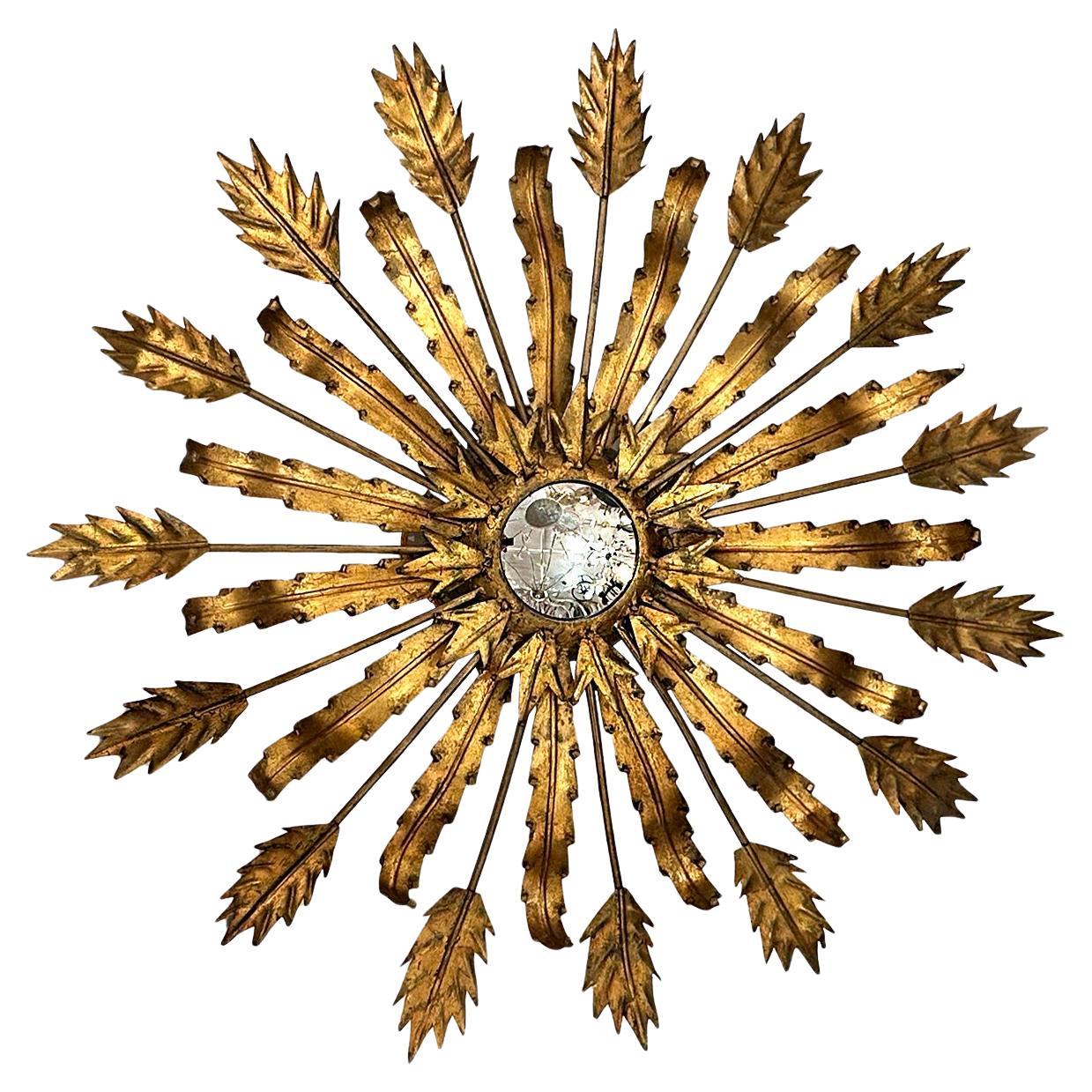 Gilt Metal Sunburst Light Fixture