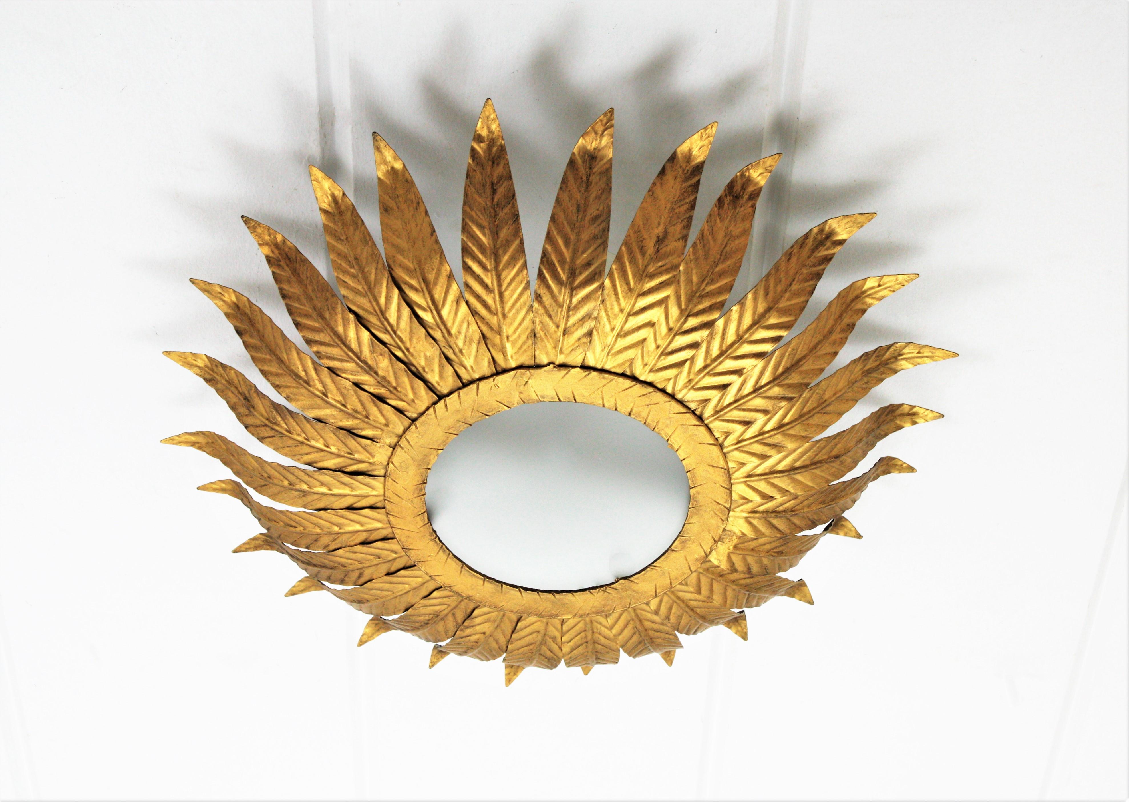 Mid-Century Modern Gilt Iron Sunburst Mirror / Sunburst Light Fixture