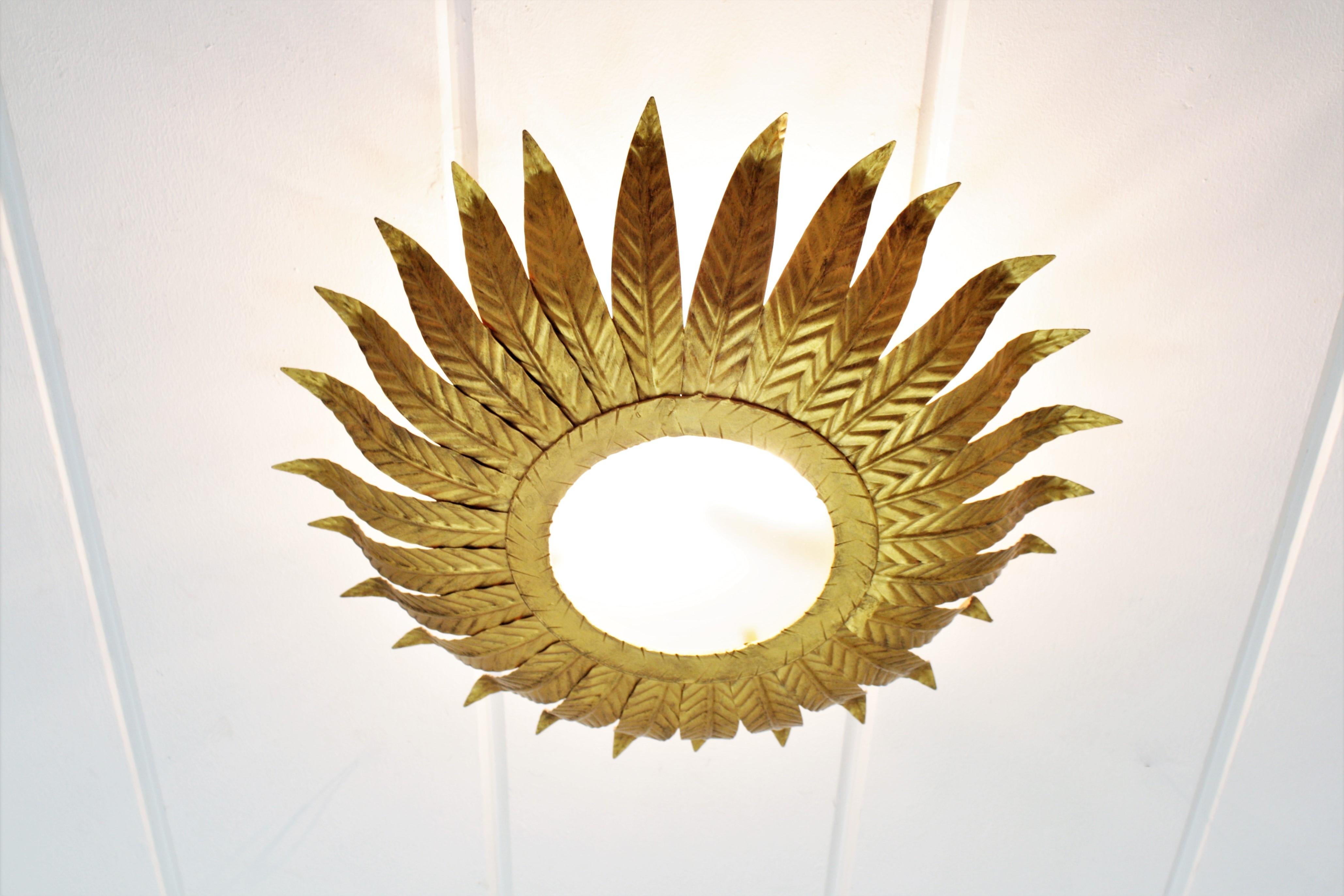 Glass Gilt Iron Sunburst Mirror / Sunburst Light Fixture