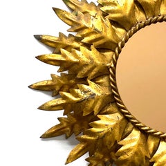 Gilt Metal Sunburst Mirror Double Layered Leaf Frame Starburst, Spain, 1950s