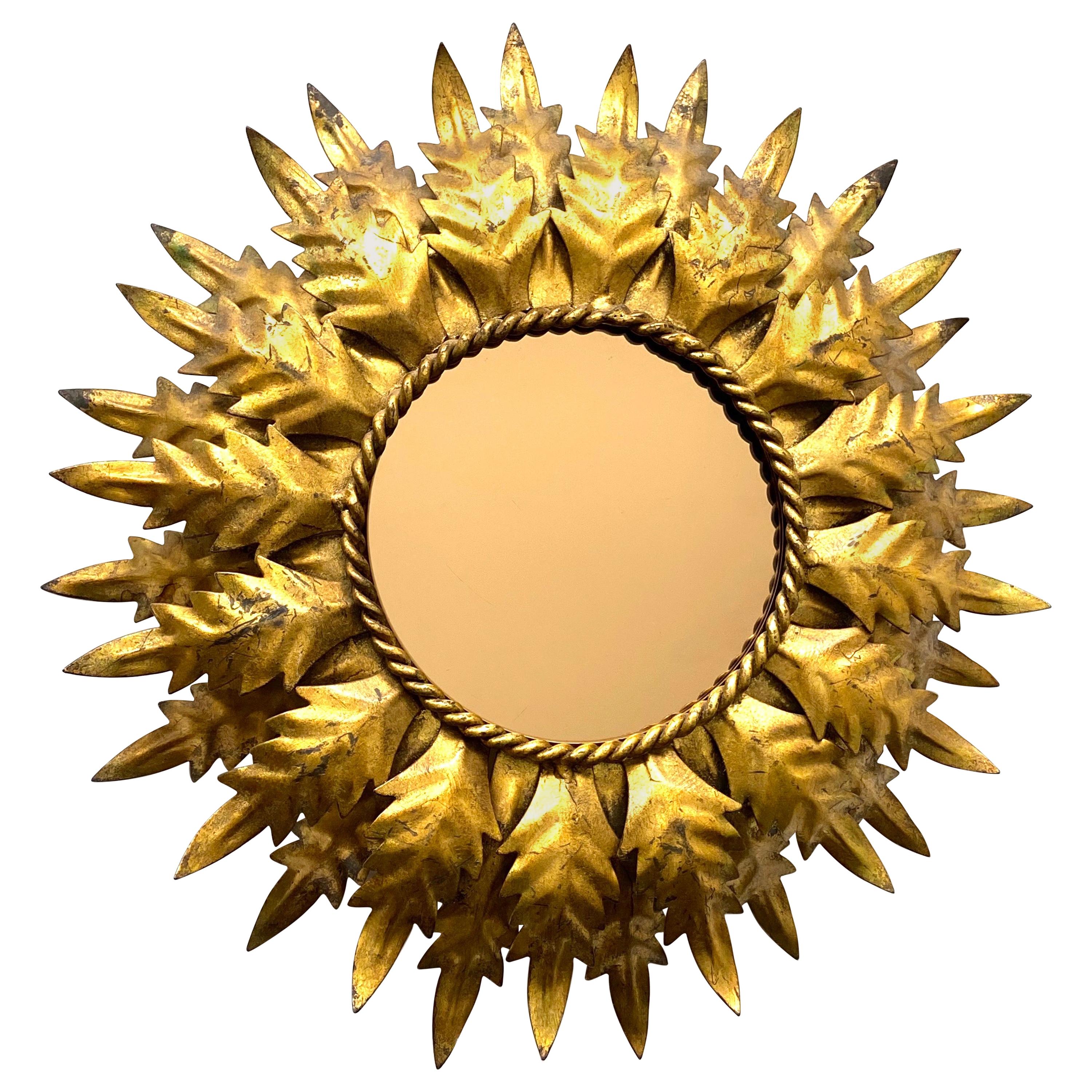 Gilt Metal Sunburst Mirror Double Layered Leaf Frame Tole Koegl, Germany, 1950s For Sale