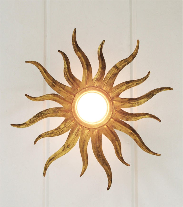 Gilt Metal Sunburst Starburst Ceiling Light Fixture, Spain, 1950s For