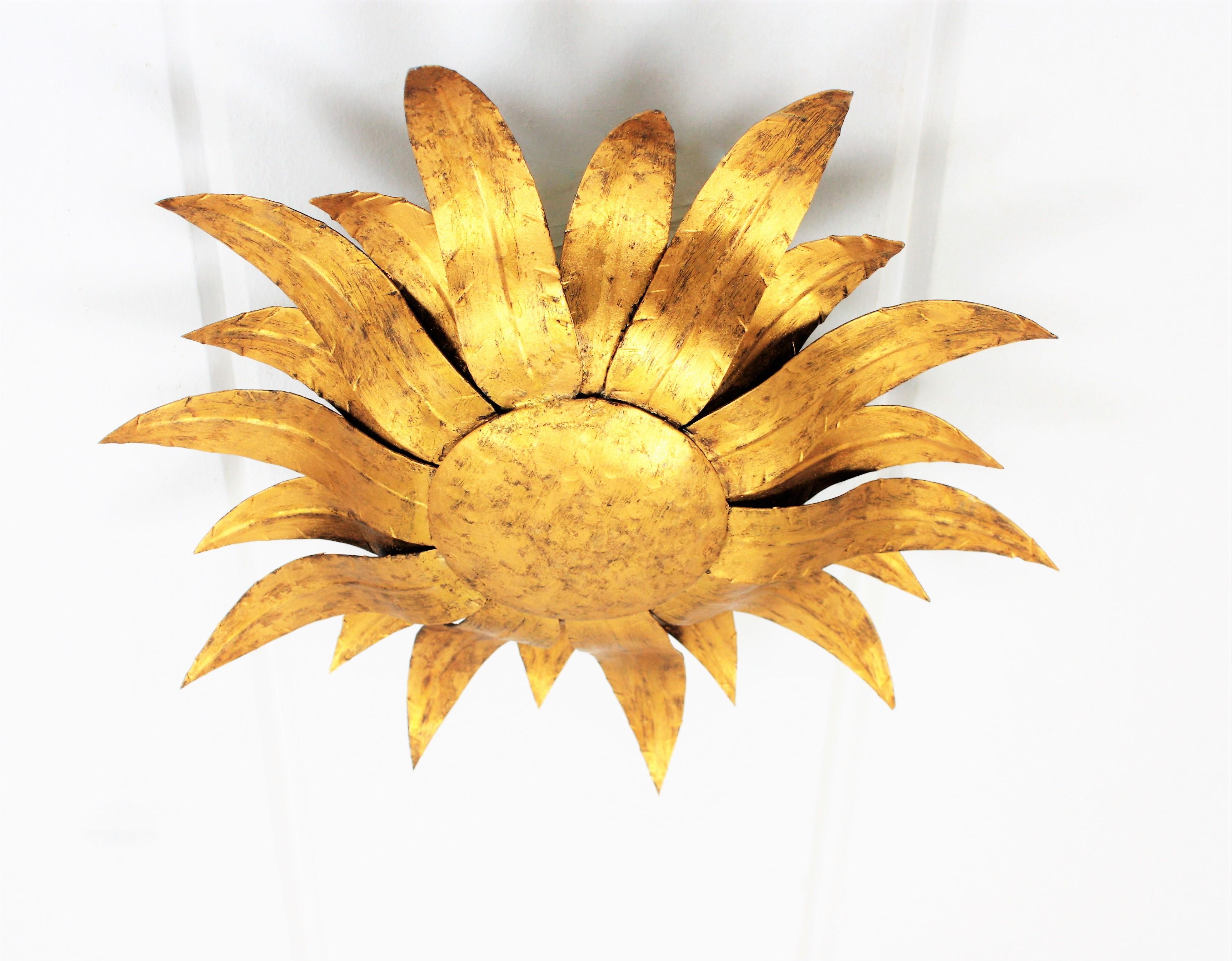 Lovely hand-hammered flower burst gilt iron sconce with gilt finish. Spain, 1960s.
This piece can be placed as ceiling fixture but also as wall sconce.

Dimensions: H 16.14 in x W 16.14 in x D 4.33 inches.  // 41 cn diameter x 11 cm H 
 