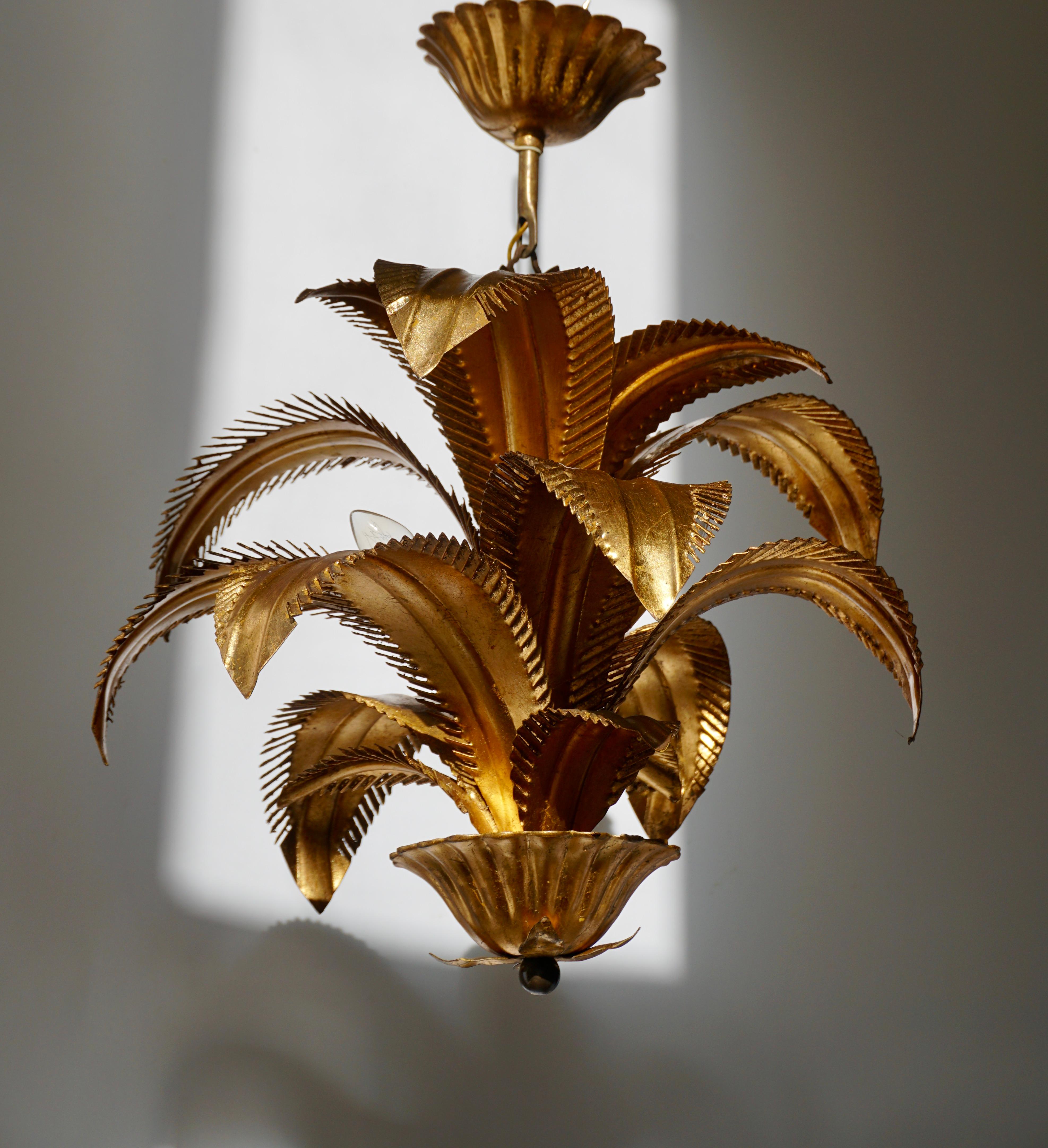 Gilt Meta palm leaf chandelier with three lights and ceiling canopy, circa mid-20th century. The piece is in full working condition.
Diameter 40 cm.
Height fixture 35 cm.
Total height including the chain and canopy 46 cm.
The light requires