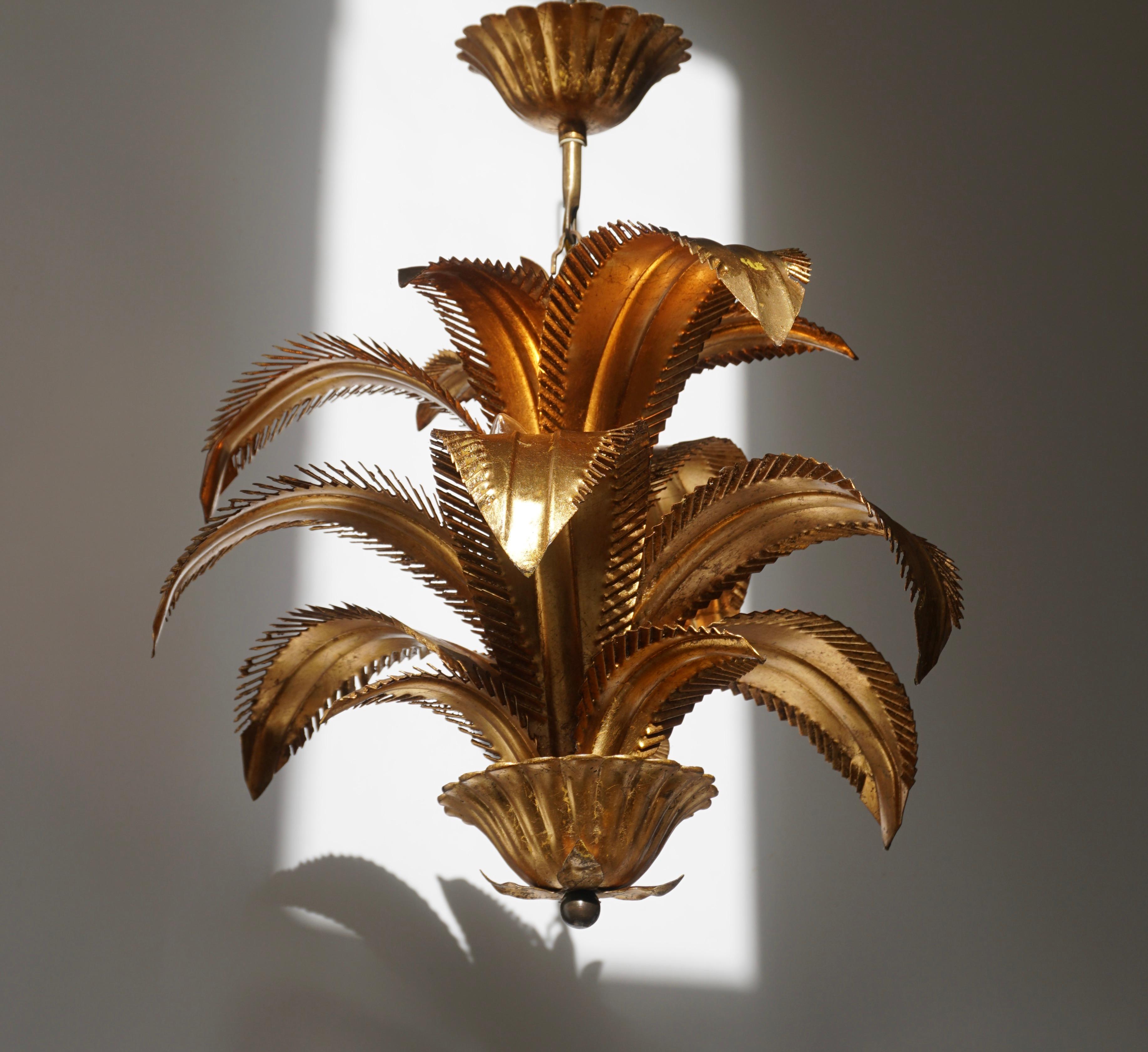 Hollywood Regency Gilt Metal Three-Light Palm Leaf Chandelier