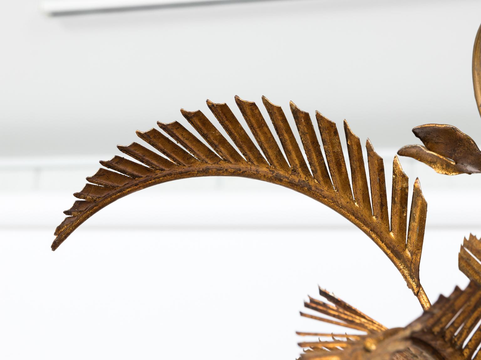 20th Century Gilt Metal Three-Light Palm Leaf Chandelier