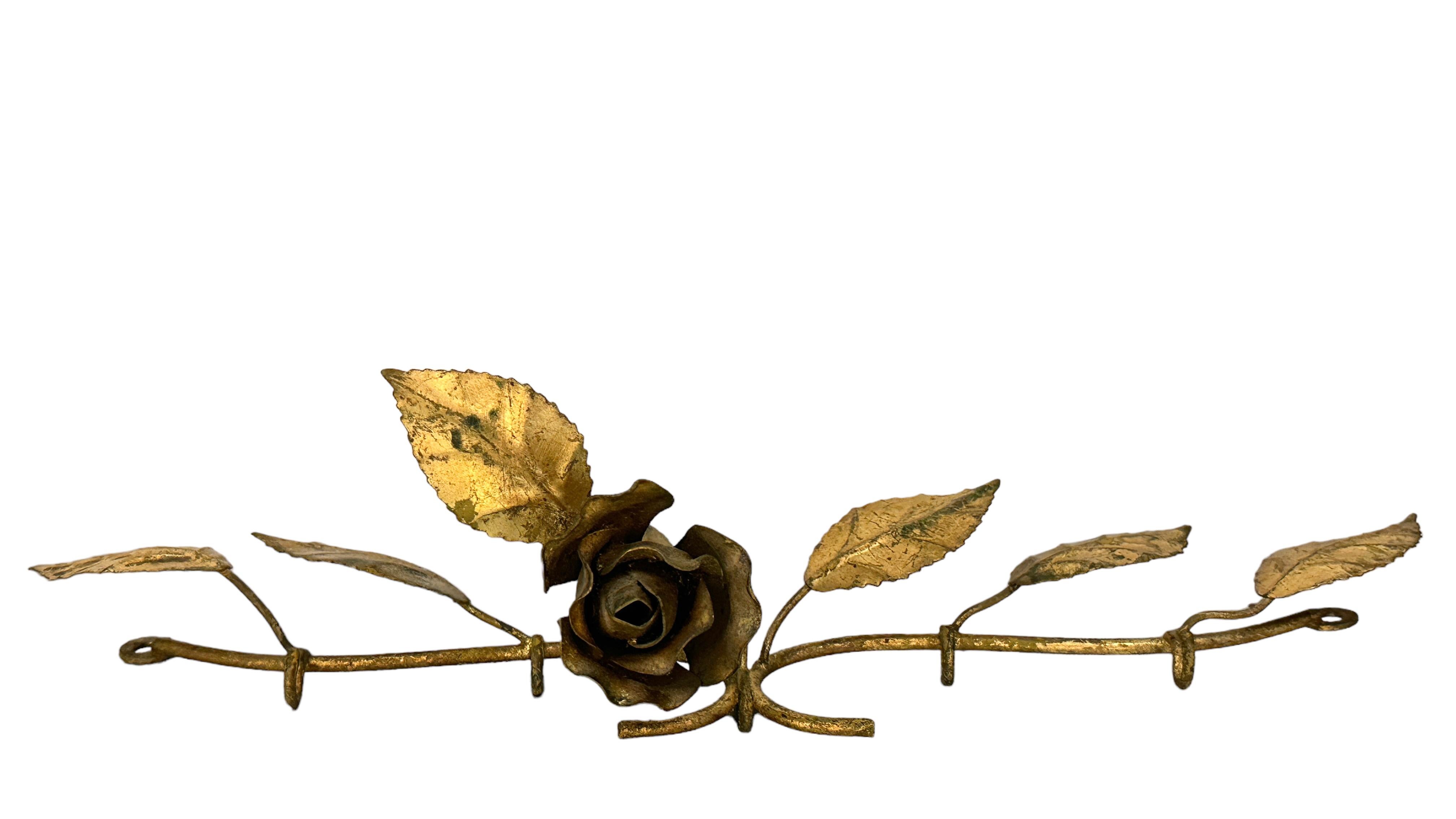 Mid-Century Modern Gilt Metal Tole Rose Flower Key Hanger Wall Decoration, Italy Vintage, 1950s For Sale