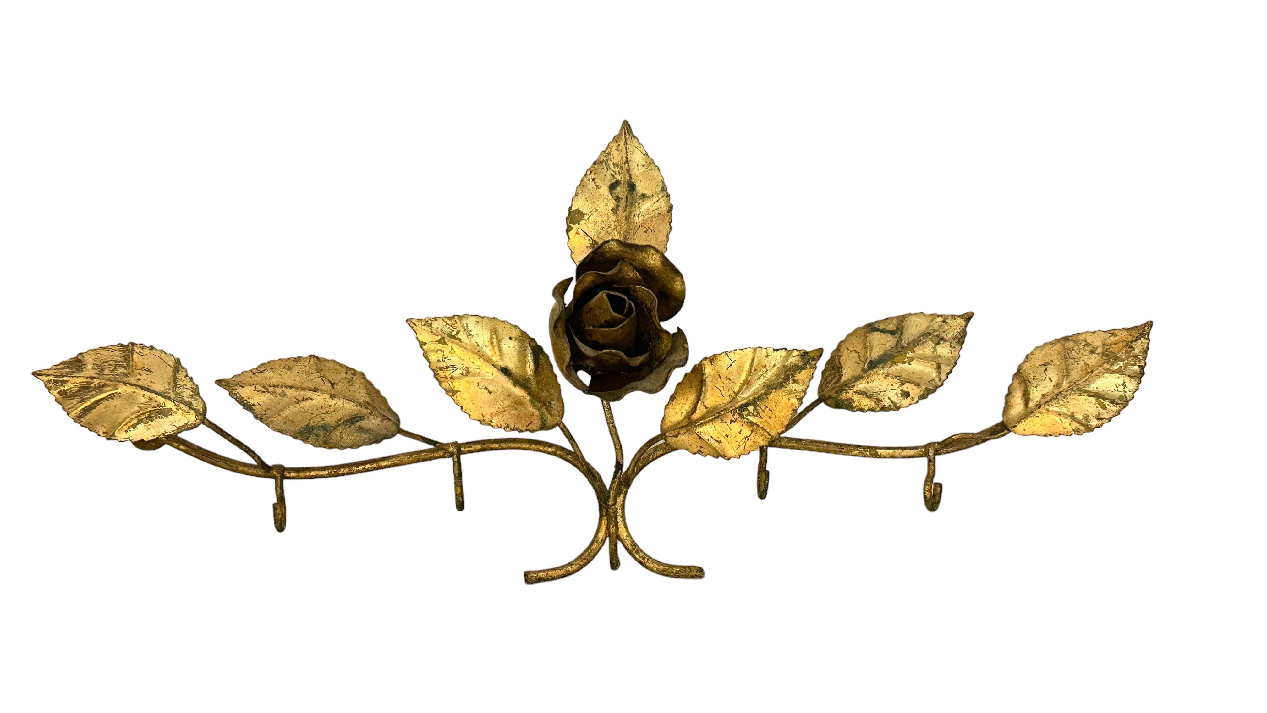 Italian Gilt Metal Tole Rose Flower Key Hanger Wall Decoration, Italy Vintage, 1950s For Sale