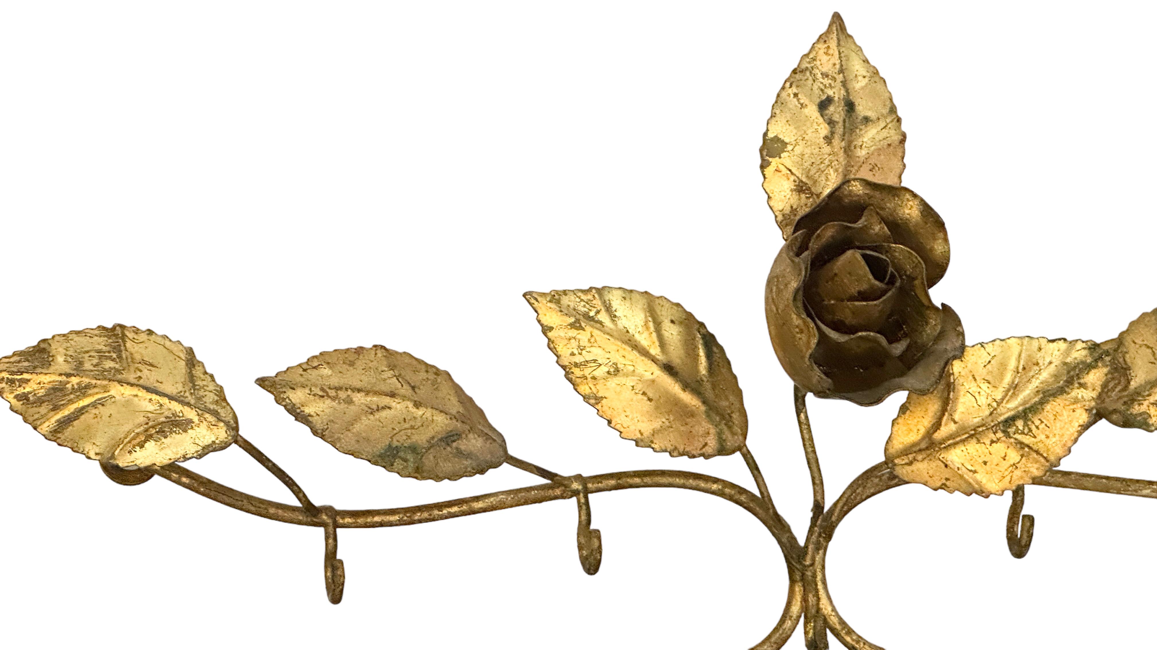 Mid-20th Century Gilt Metal Tole Rose Flower Key Hanger Wall Decoration, Italy Vintage, 1950s For Sale