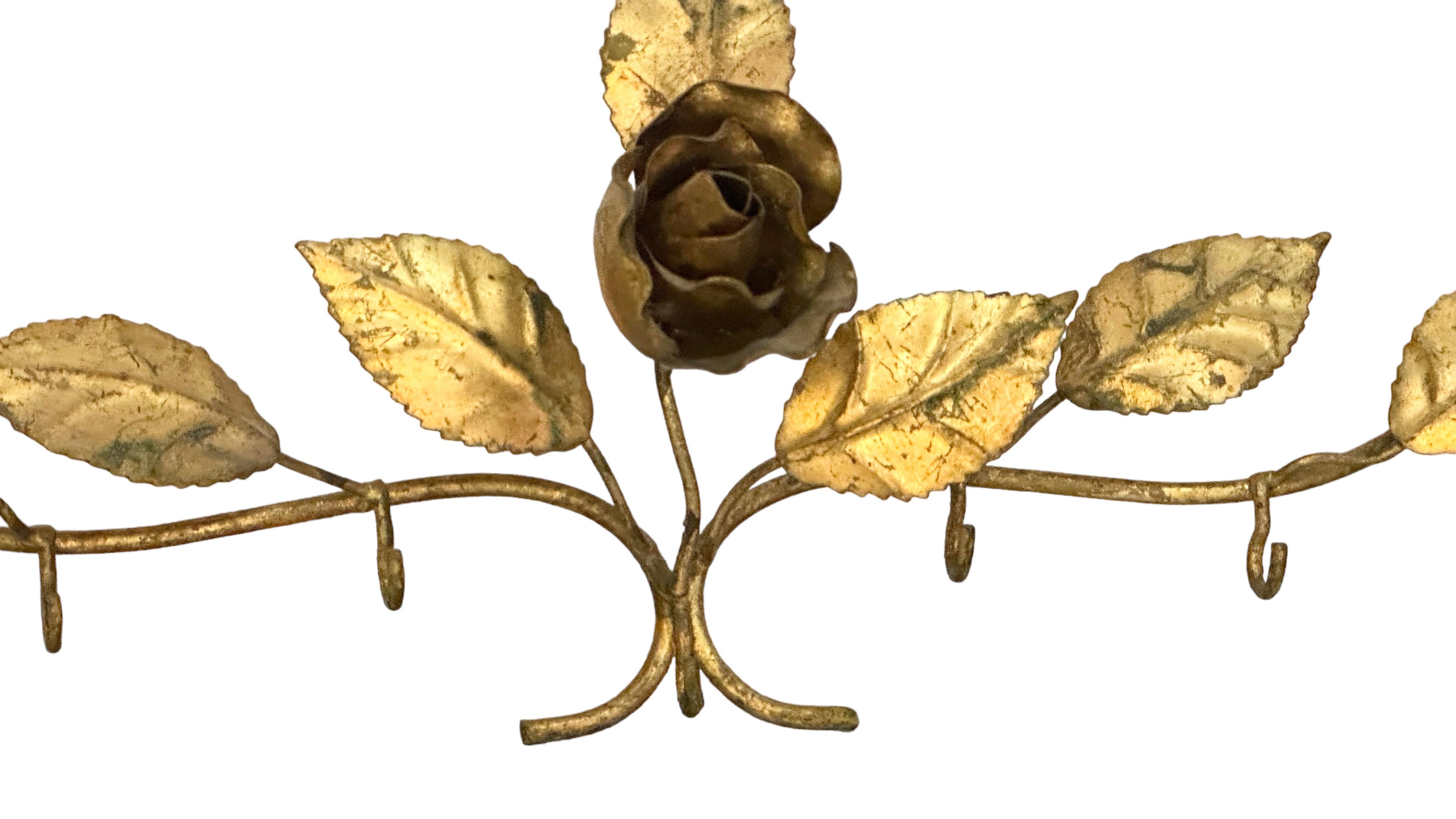 Gilt Metal Tole Rose Flower Key Hanger Wall Decoration, Italy Vintage, 1950s For Sale 1