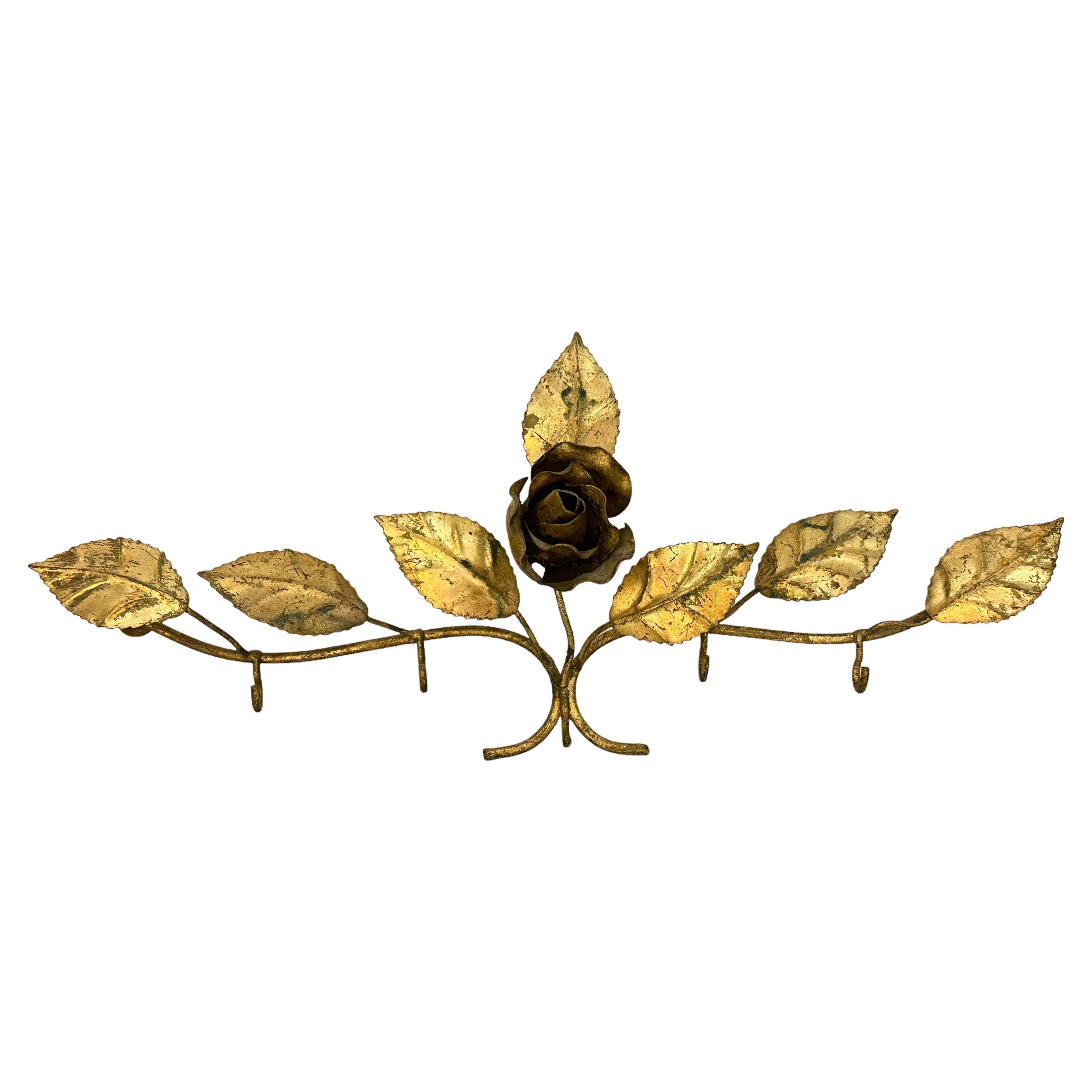 Gilt Metal Tole Rose Flower Key Hanger Wall Decoration, Italy Vintage, 1950s For Sale