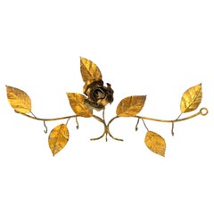 Gilt Metal Tole Rose Flower Key Hanger Wall Hook, Italy Vintage, 1950s
