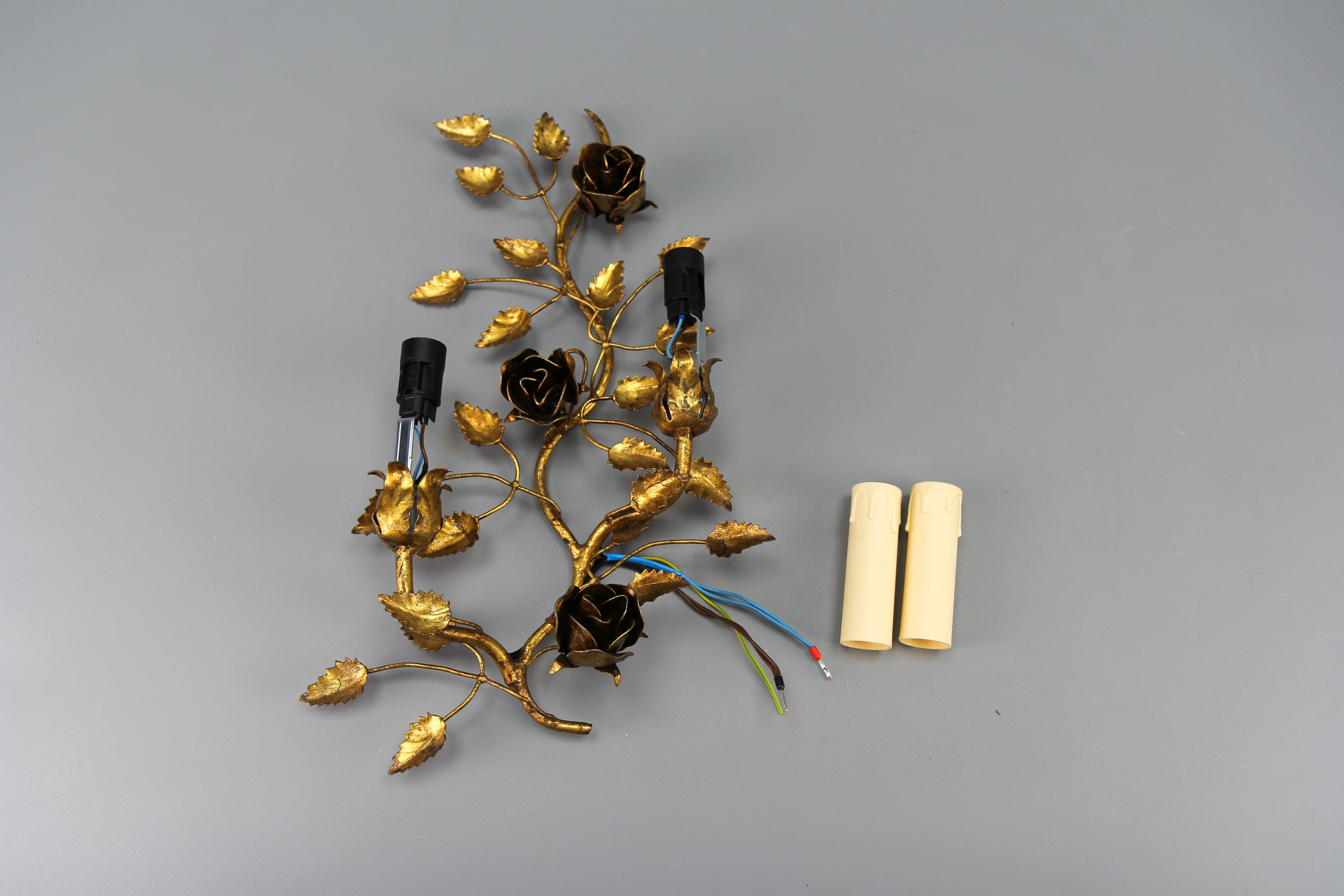Gilt Metal Two-Light Wall Sconce with Roses and Leaf, Italy, 1970s For Sale 9