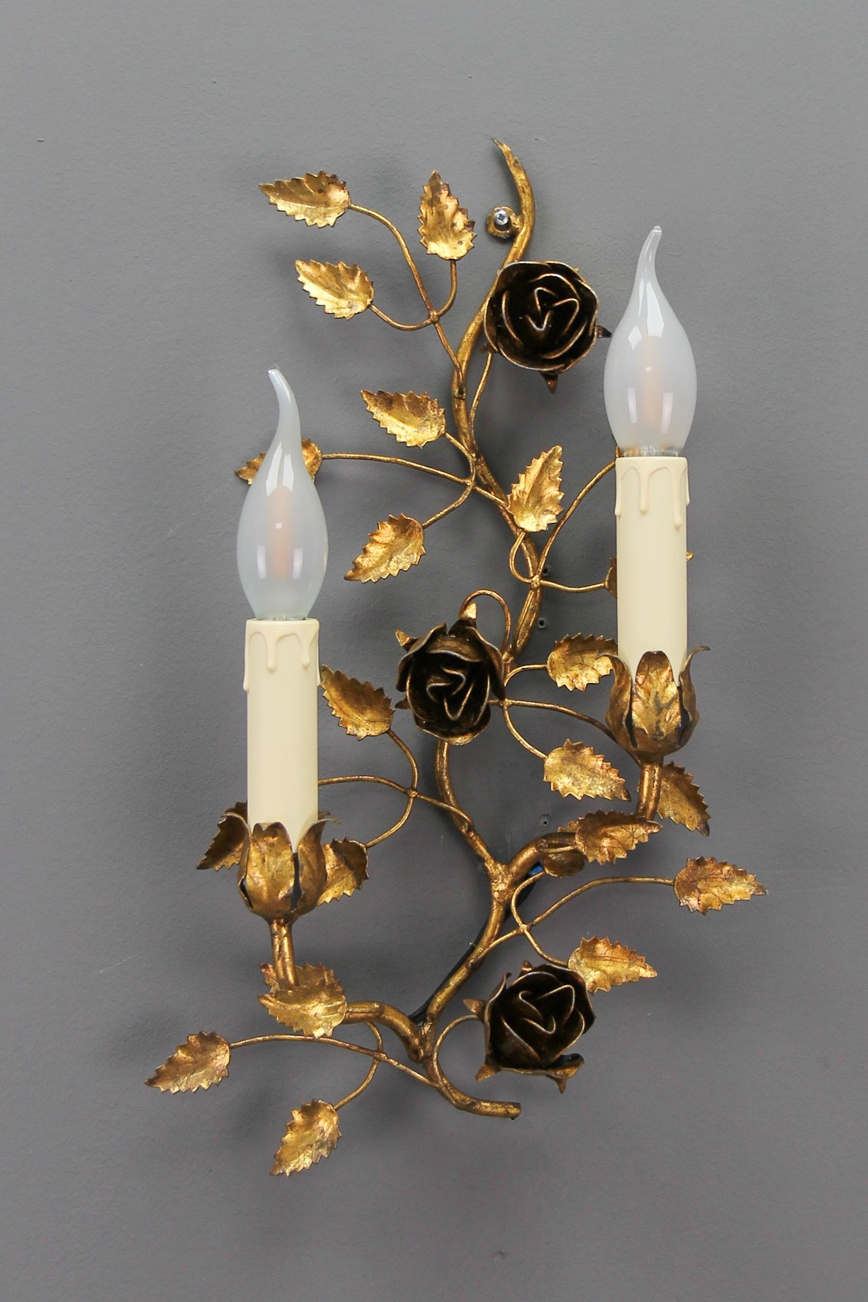 Gilt Metal Two-Light Wall Sconce with Roses and Leaf, Italy, 1970s For Sale 13