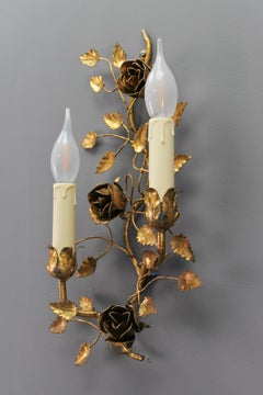 Gilt Metal Two-Light Wall Sconce with Roses and Leaf, Italy, 1970s
