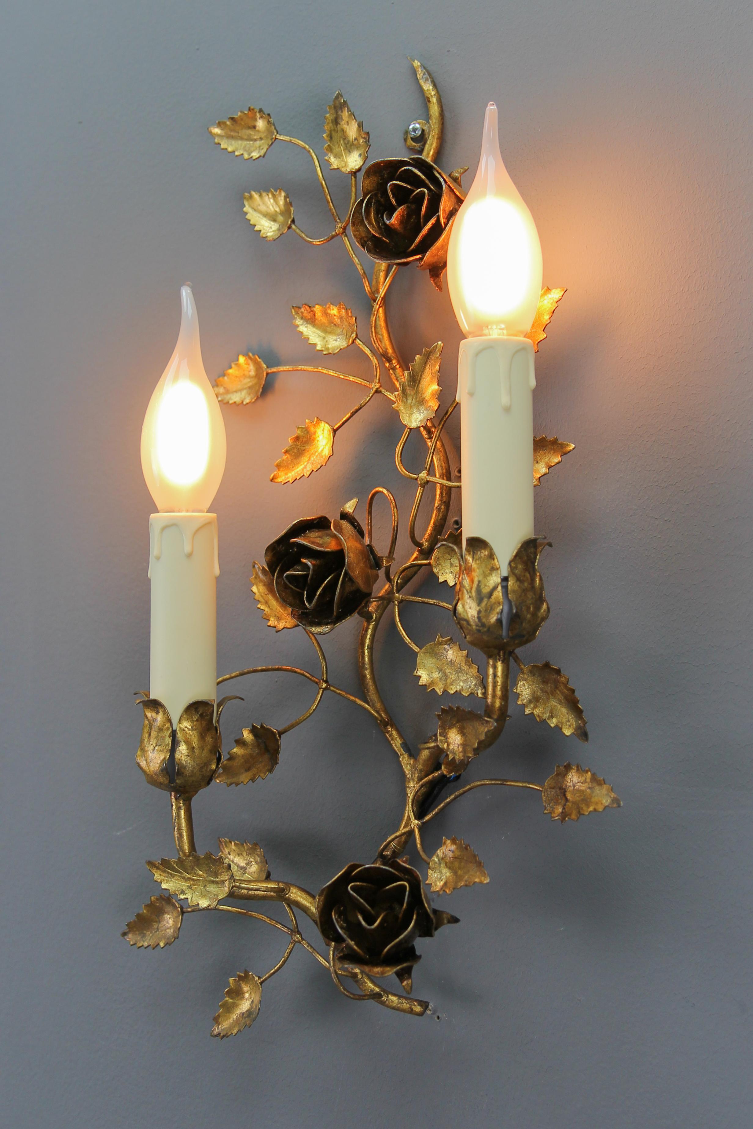 Hollywood Regency Gilt Metal Two-Light Wall Sconce with Roses and Leaf, Italy, 1970s For Sale
