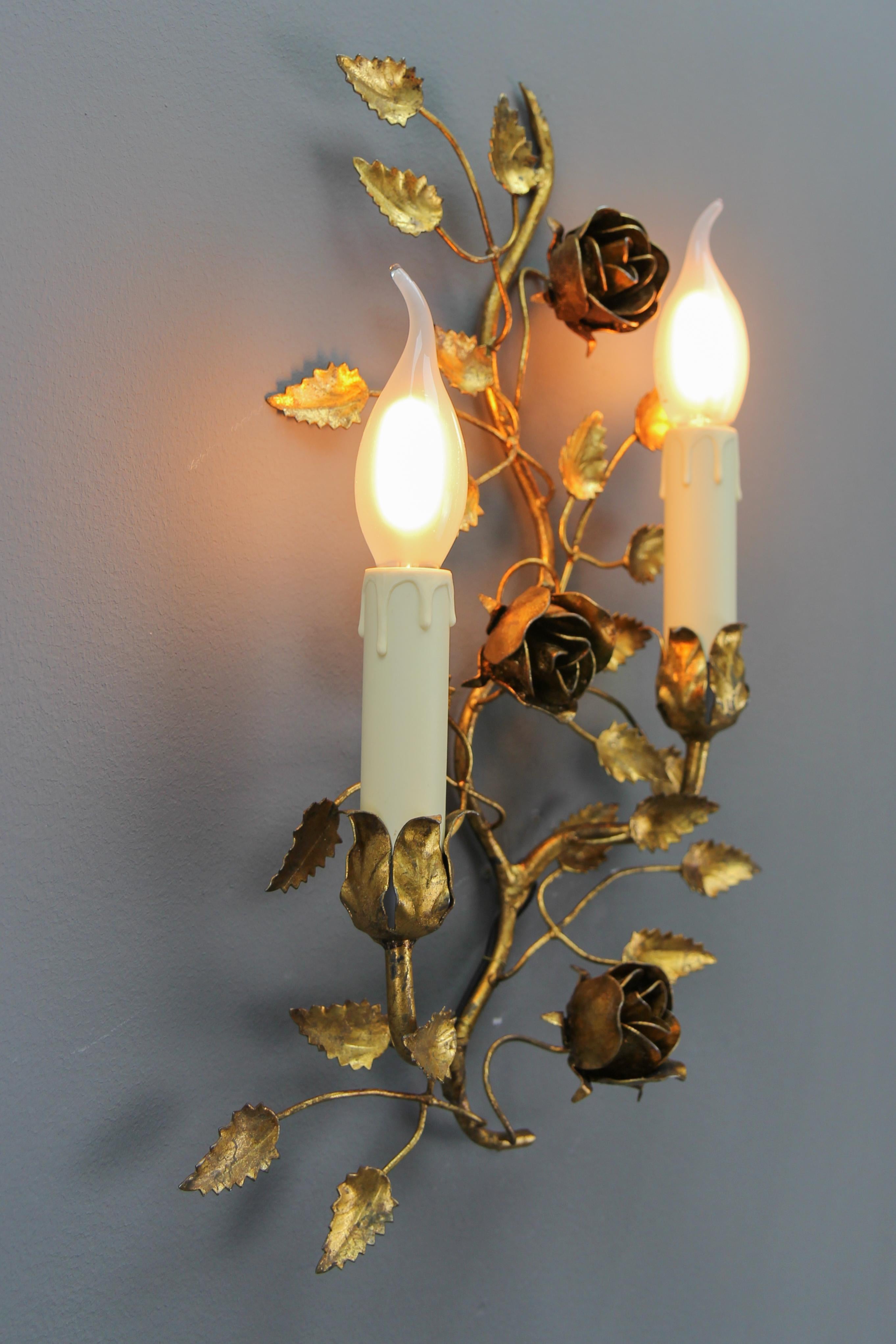 Italian Gilt Metal Two-Light Wall Sconce with Roses and Leaf, Italy, 1970s For Sale