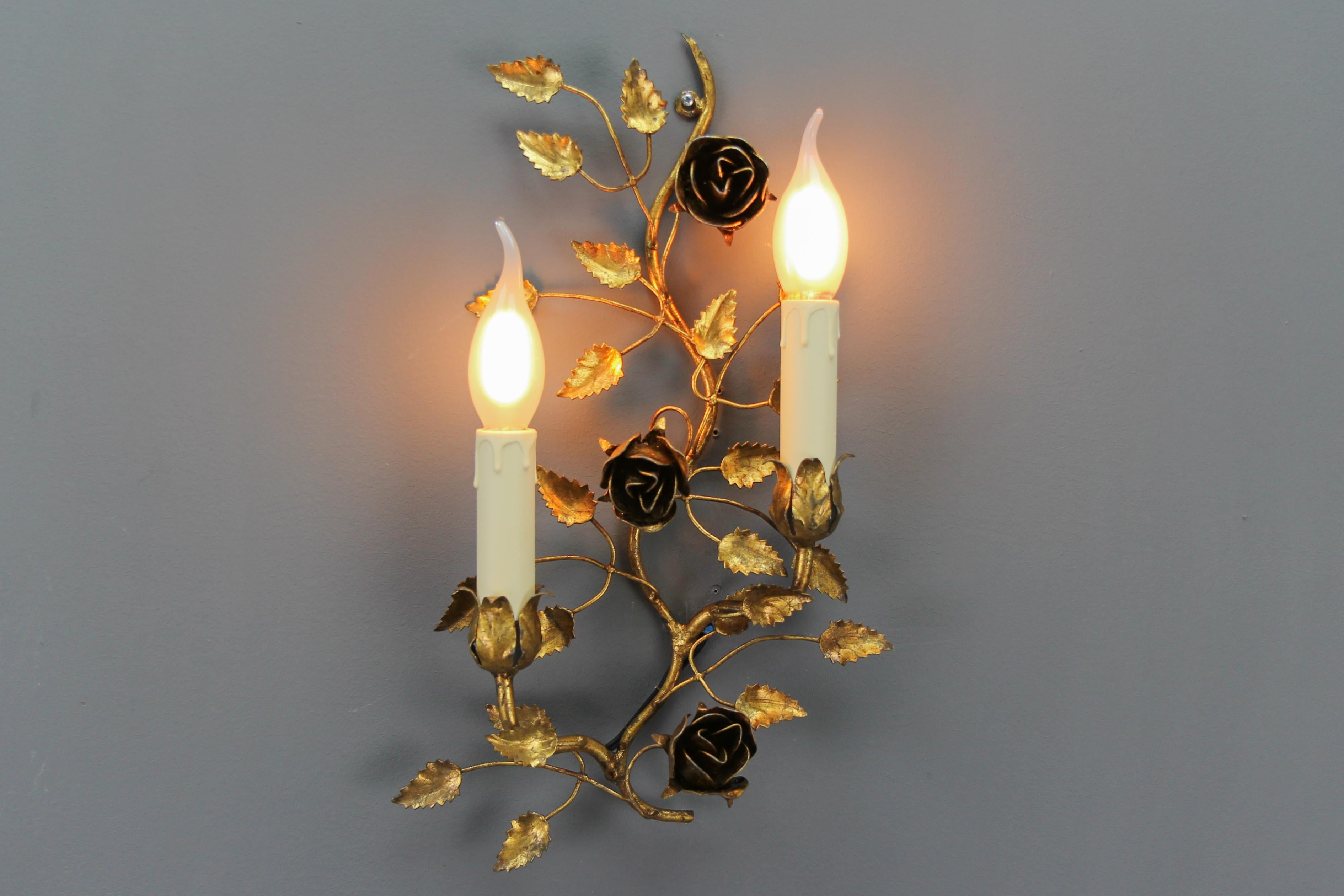 Late 20th Century Gilt Metal Two-Light Wall Sconce with Roses and Leaf, Italy, 1970s For Sale