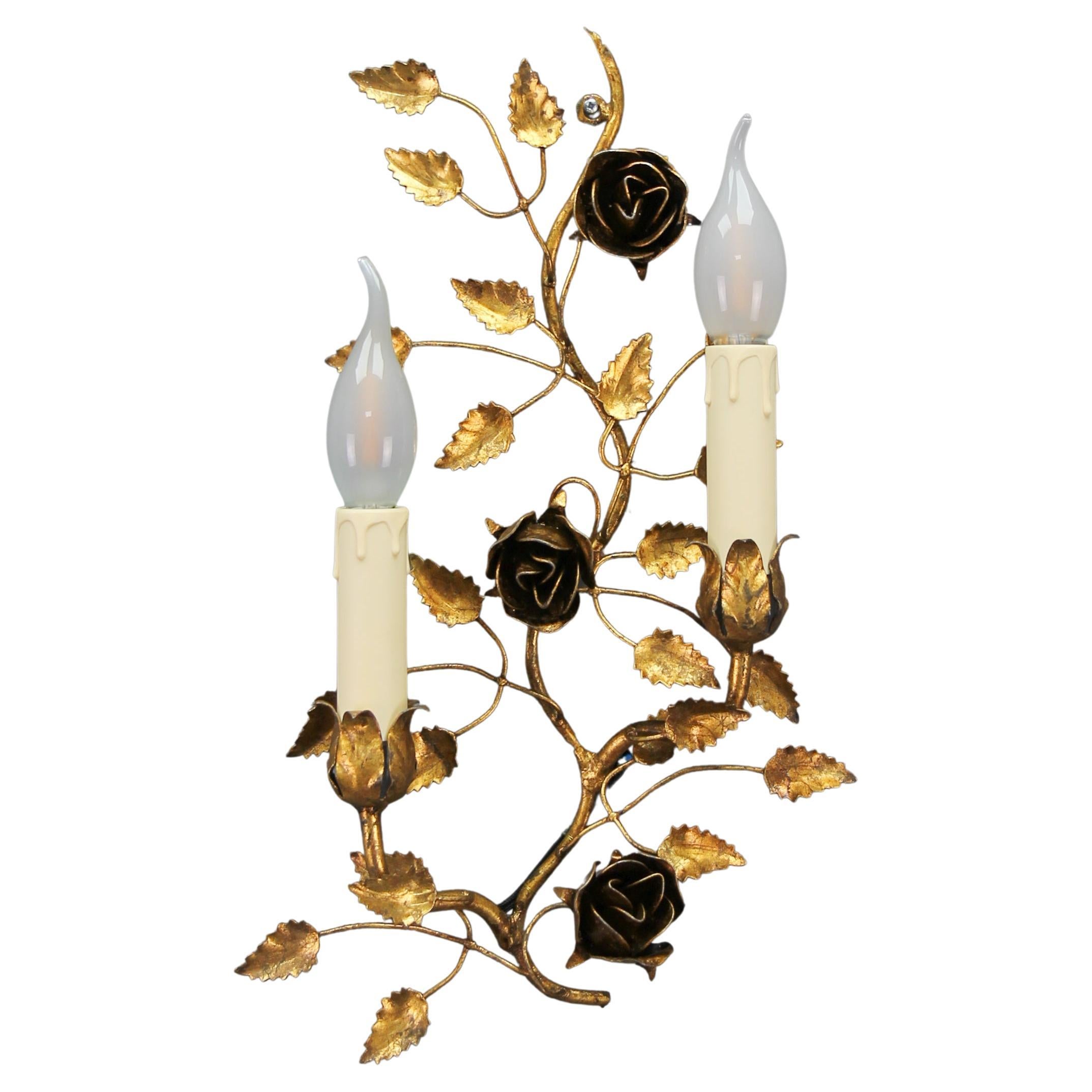 Gilt Metal Two-Light Wall Sconce with Roses and Leaf, Italy, 1970s For Sale