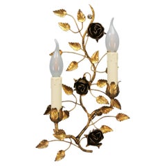 Retro Gilt Metal Two-Light Wall Sconce with Roses and Leaf, Italy, 1970s