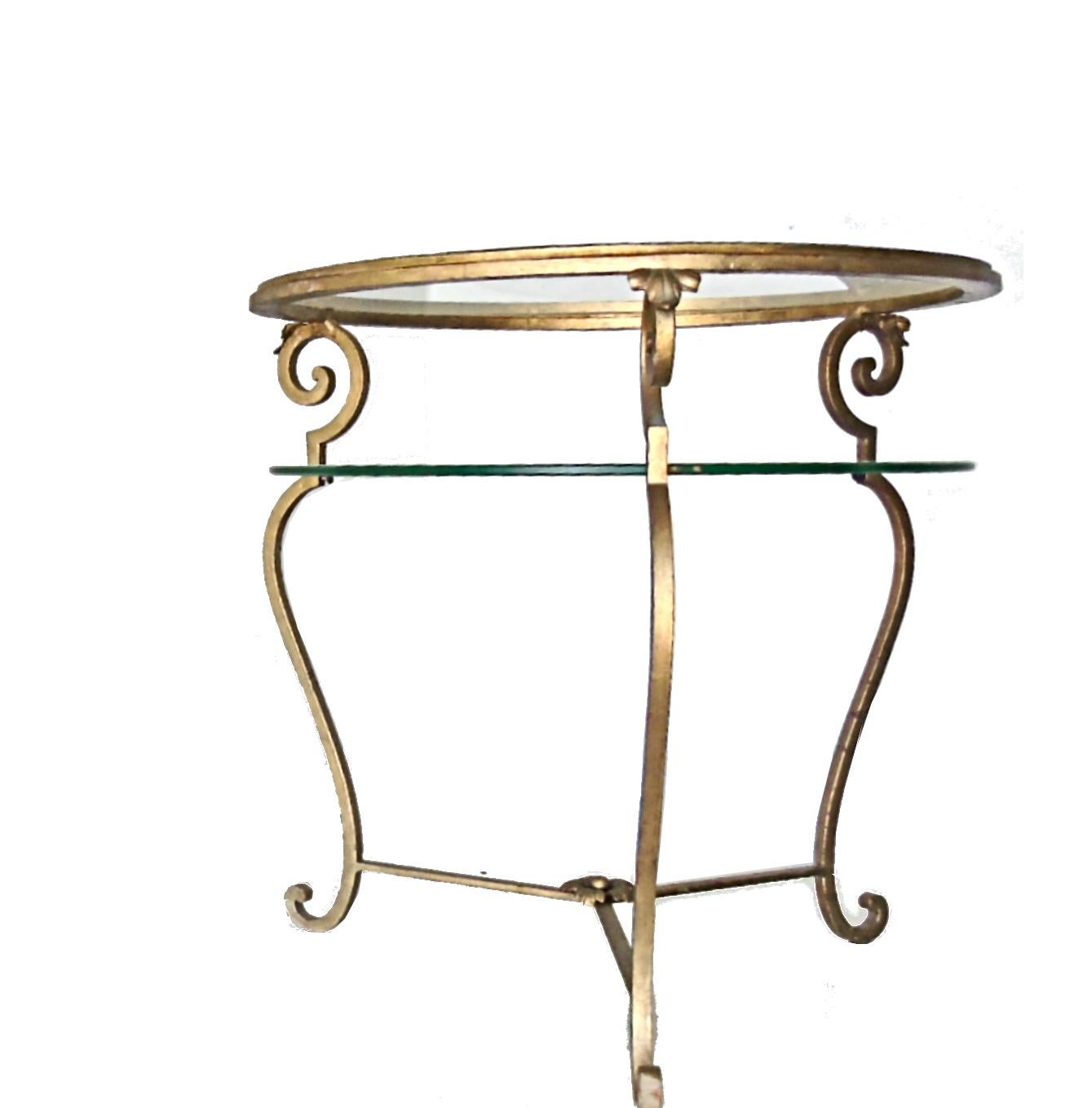 Charming midcentury gilt metal two-tier round side table.

This neoclassical side table is in a beautifully patinated condition.

It has a casted flower figure on the base and elegant curled legs.

1950s, Italy.

Measures: Height is 45cm /17