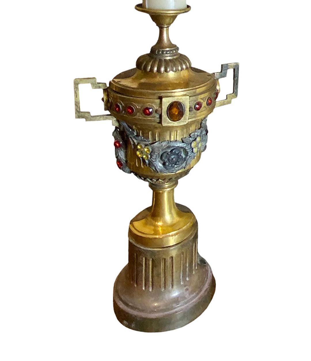 Italian Gilt Metal Urns with Jewels and Swags as Lamps For Sale