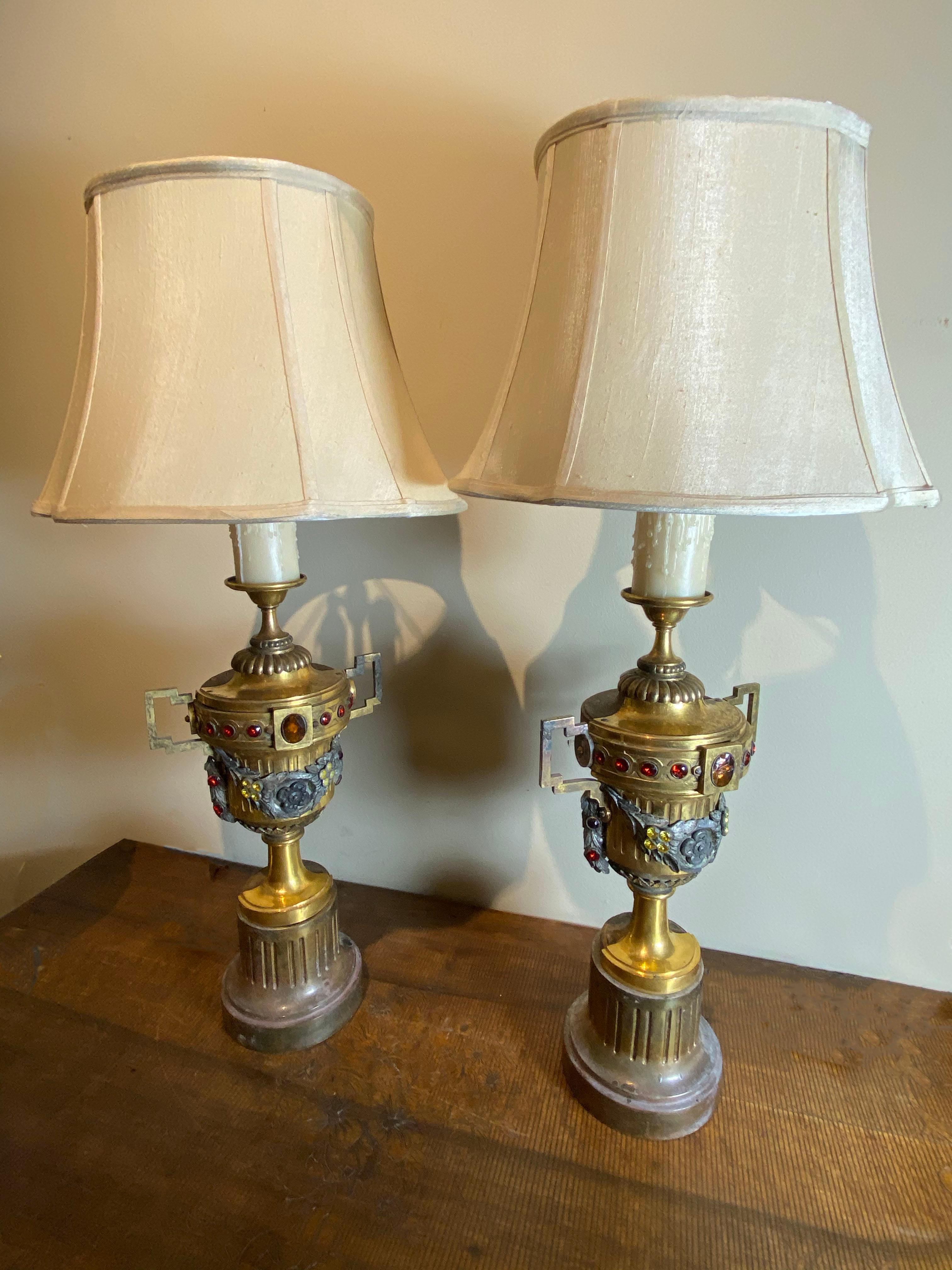 Gilt Metal Urns with Jewels and Swags as Lamps In Good Condition For Sale In Dallas, TX