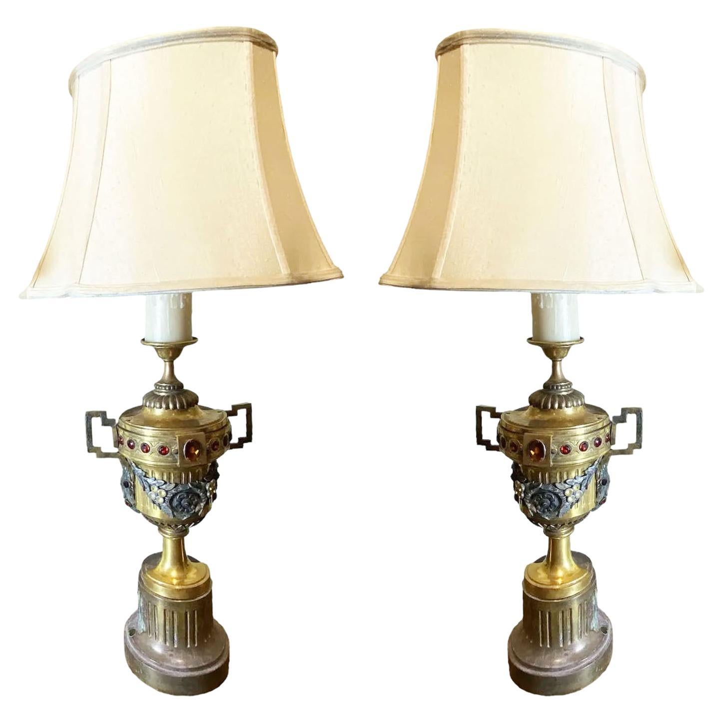Gilt Metal Urns with Jewels and Swags as Lamps