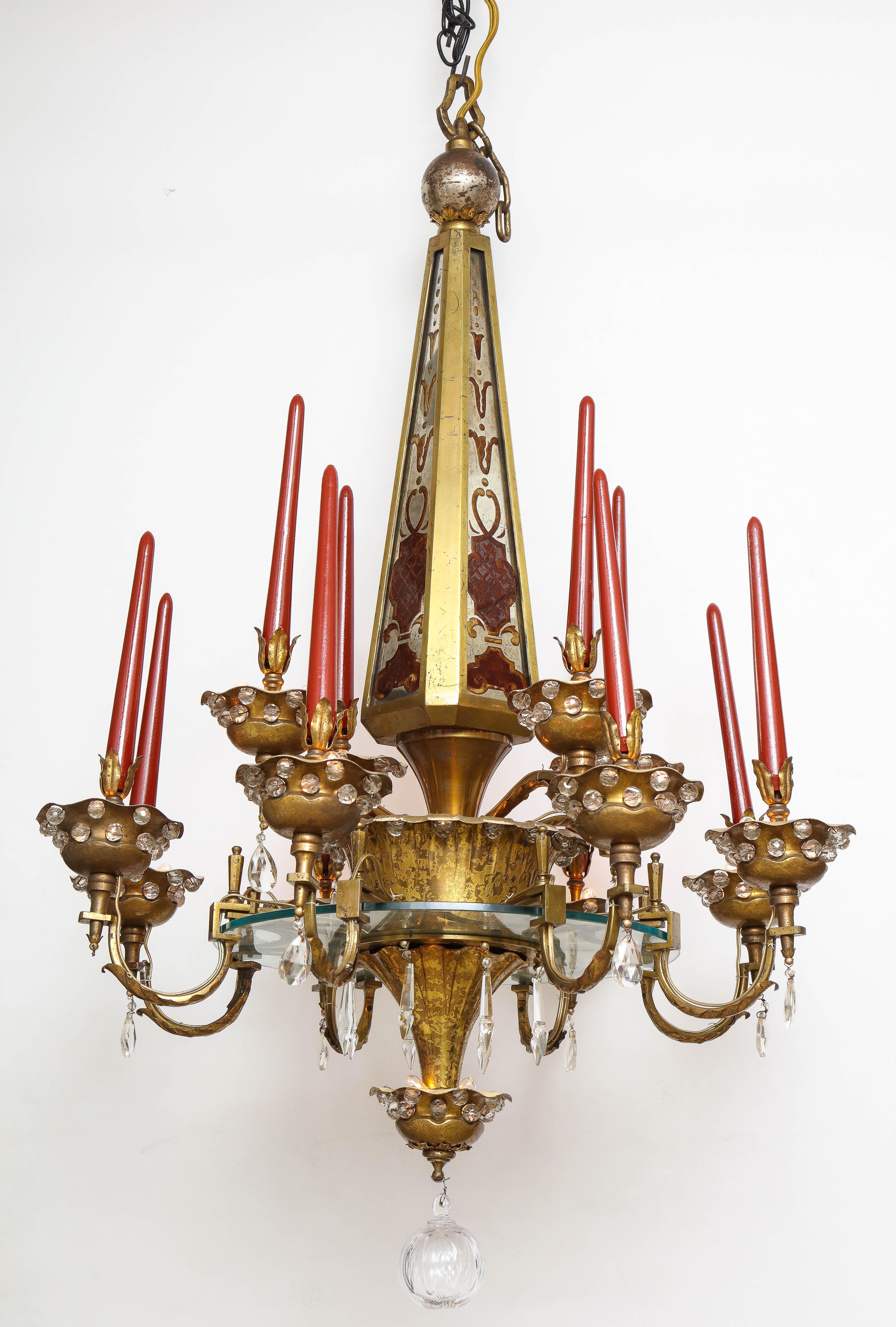 French Gilt Metal & Verre Eglomise Chandelier by Maison Bagues For Sale
