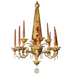 Gilt Metal & Verre Eglomise Chandelier by Maison Bagues