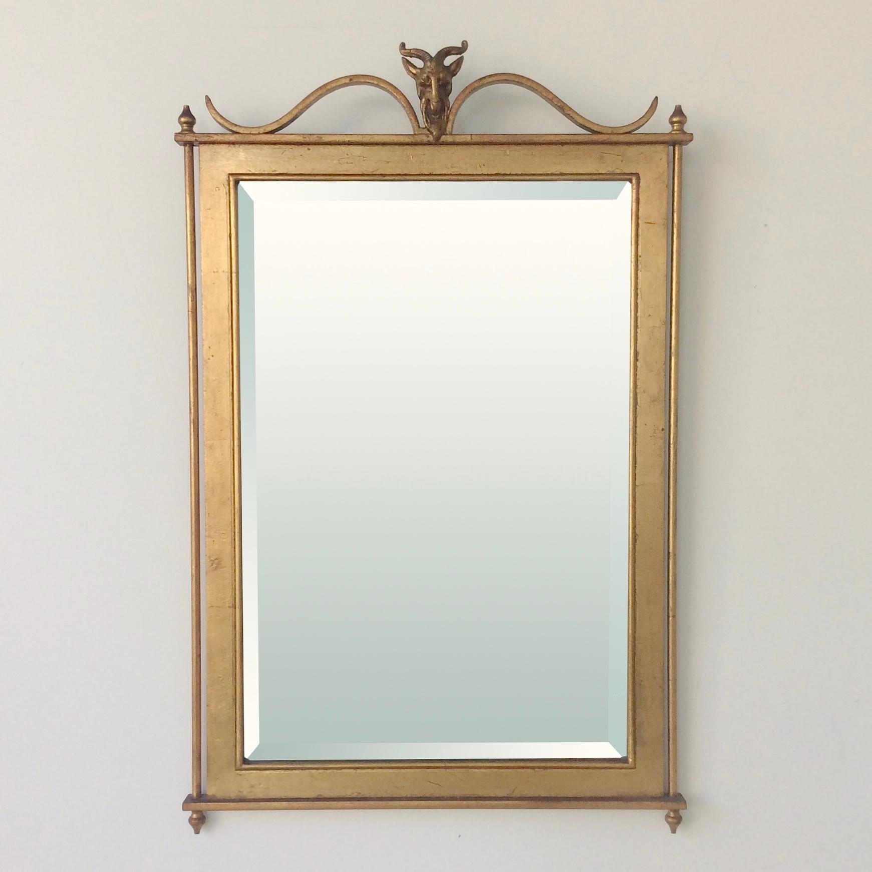 Nice gilt metal wall mirror, circa 1940, France.
Gilt metal frame with decorative goat head, beveled mirror.
Dimensions: 70 cm H, 44 cm W, 6 cm D.
Good original condition.
All purchases are covered by our Buyer Protection Guarantee.
This item can be