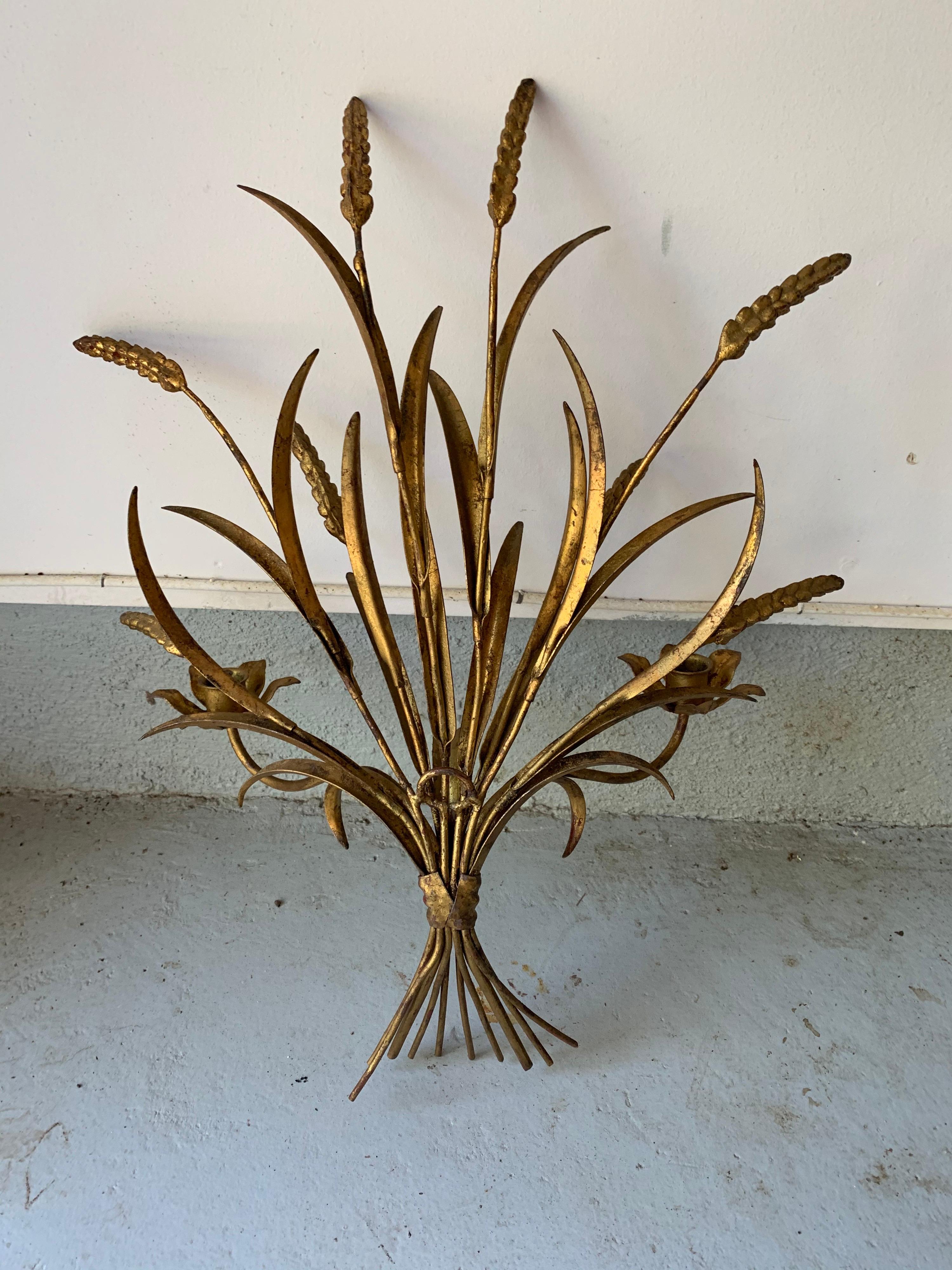 Mid-Century Modern Gilt Metal Wheat Sheaf & Reed Wall Mount Candle Sconces, a Pair