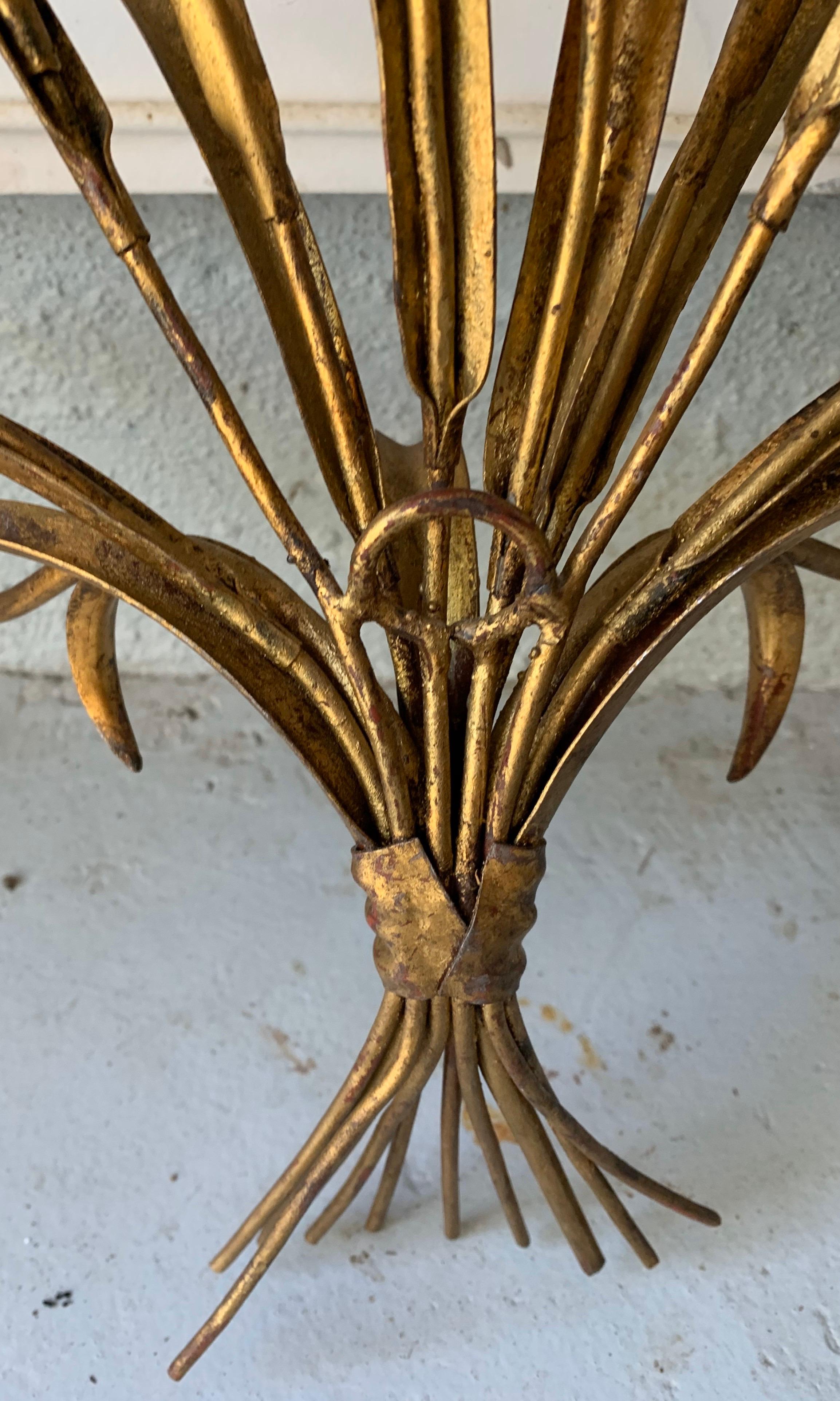 Italian Gilt Metal Wheat Sheaf & Reed Wall Mount Candle Sconces, a Pair