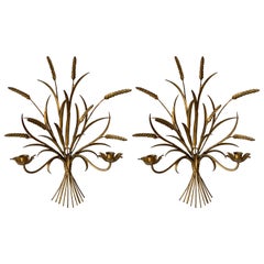 Gilt Metal Wheat Sheaf & Reed Wall Mount Candle Sconces, a Pair